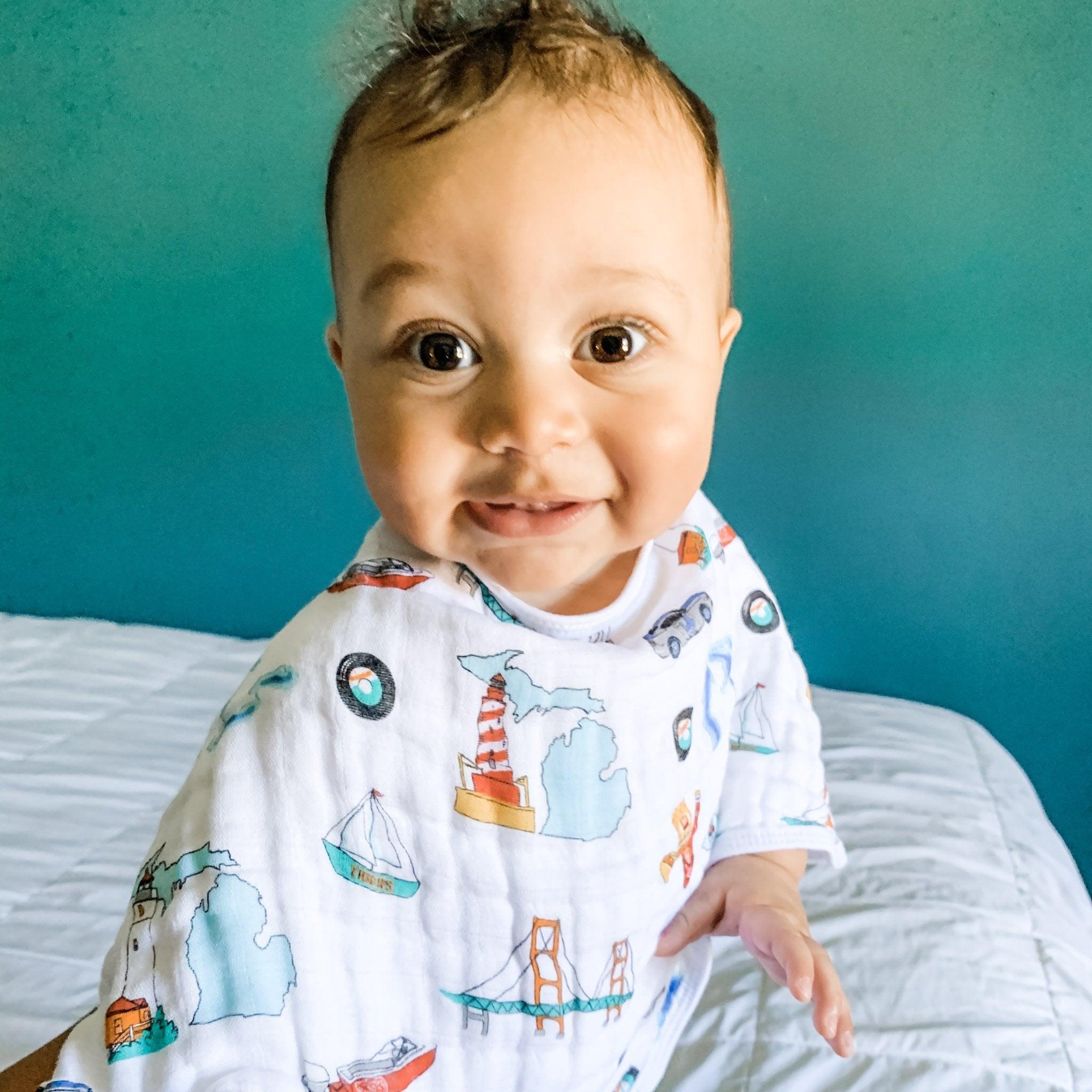 Gift Set: Michigan Baby Muslin Swaddle Blanket And Burp Cloth/bib Combo