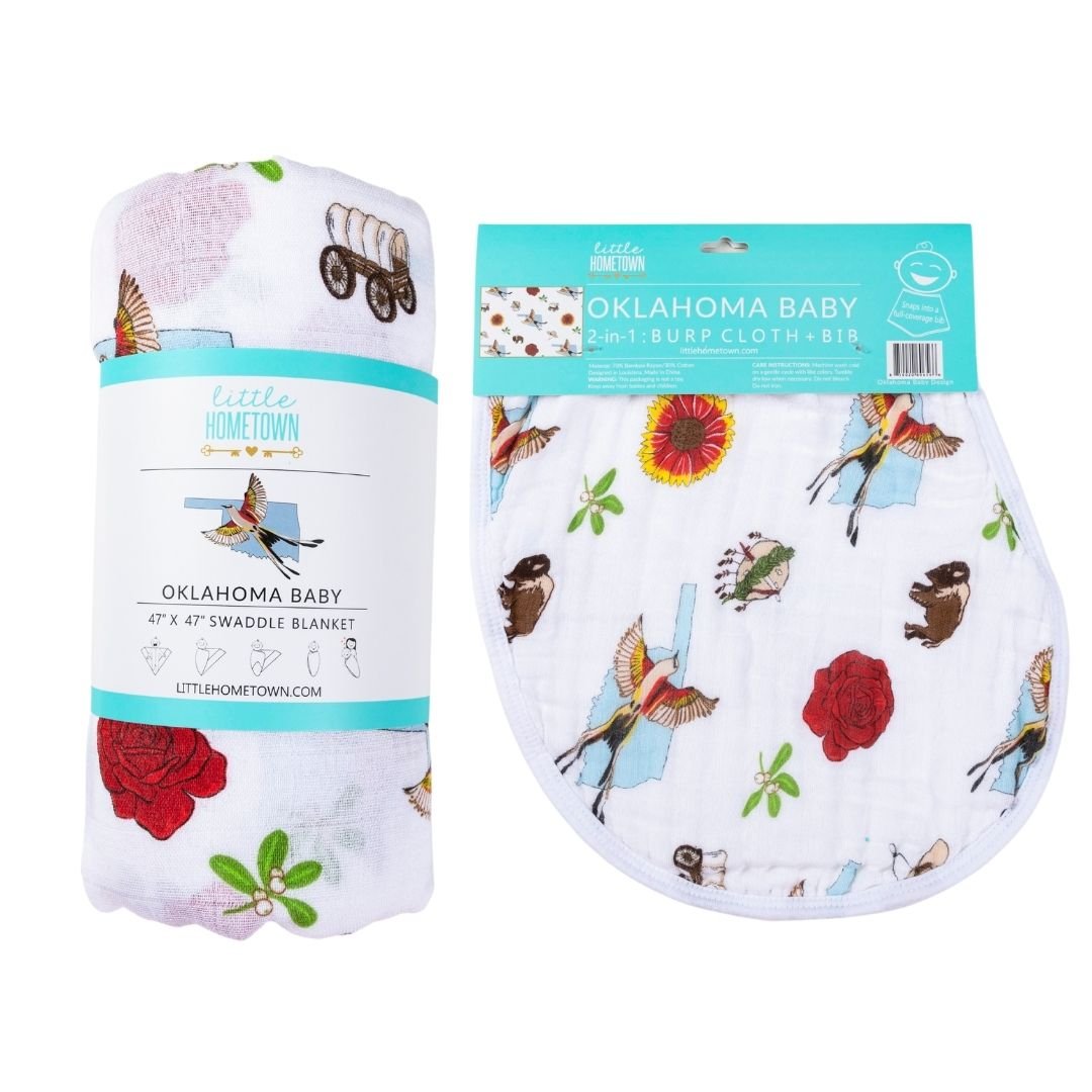 Gift Set: Oklahoma Swaddle Blanket And Burp Cloth/bib Combo