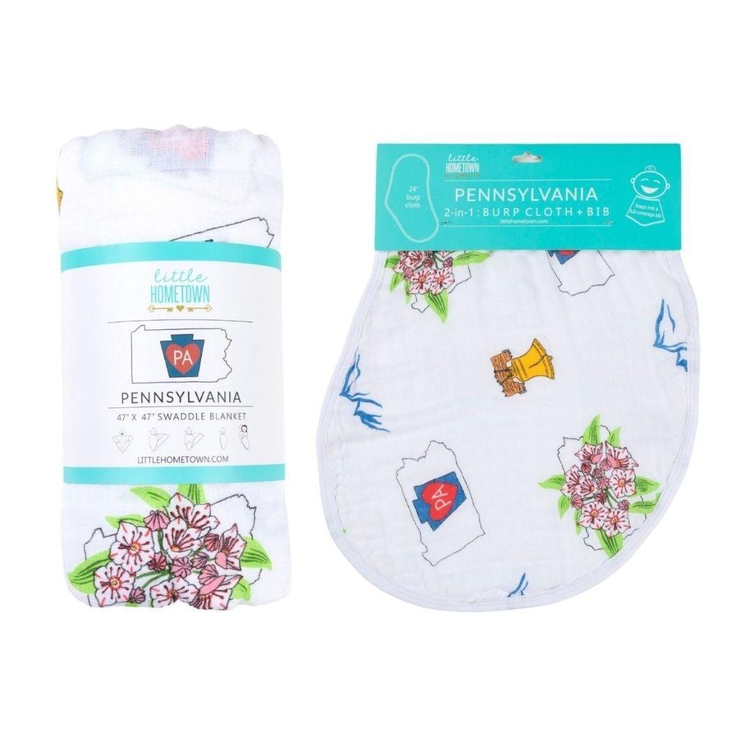 Gift Set: Pennsylvania Baby Muslin Swaddle Blanket And Burp Cloth/bib Combo