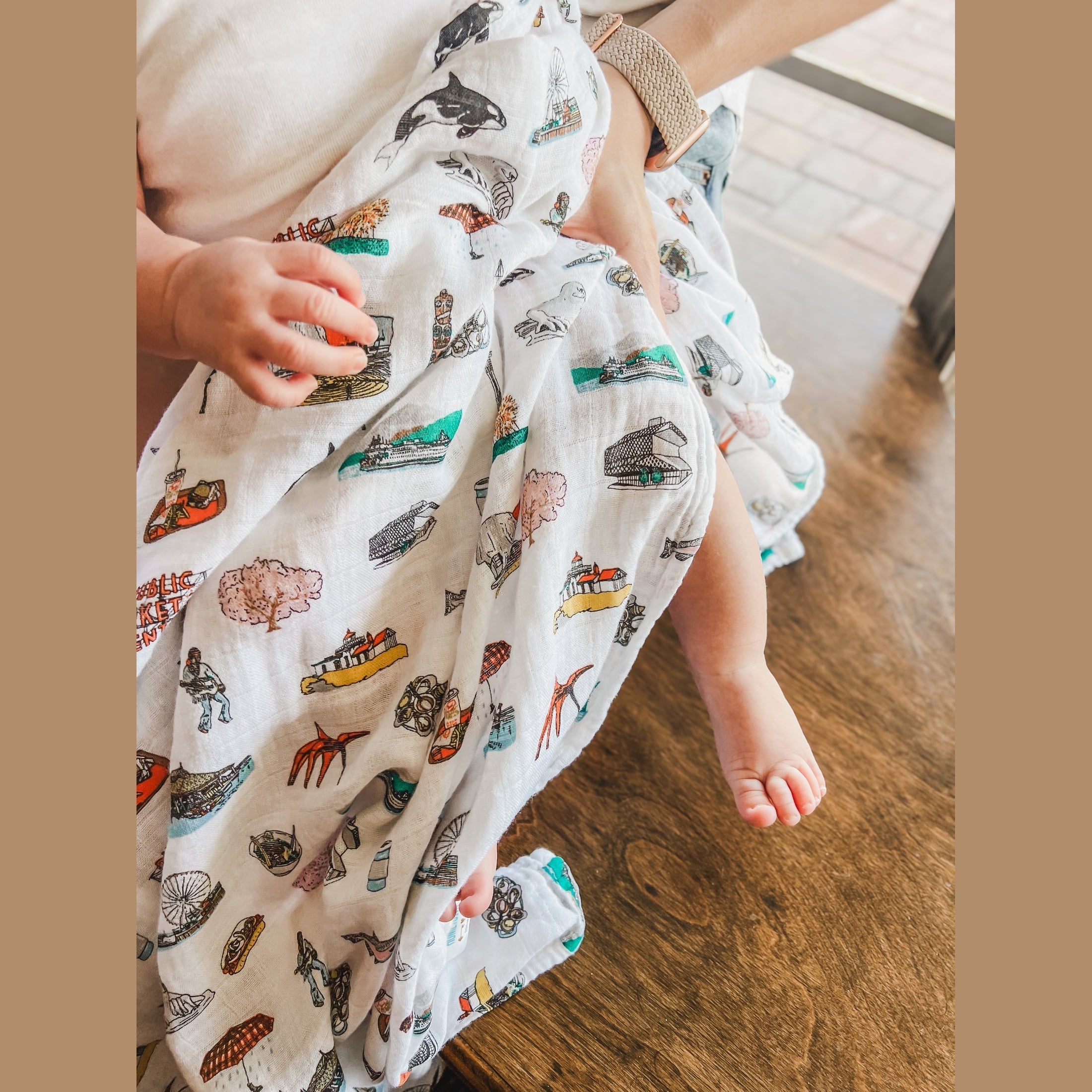 Gift Set: Seattle Baby Muslin Swaddle Blanket And Burp Cloth/bib Combo