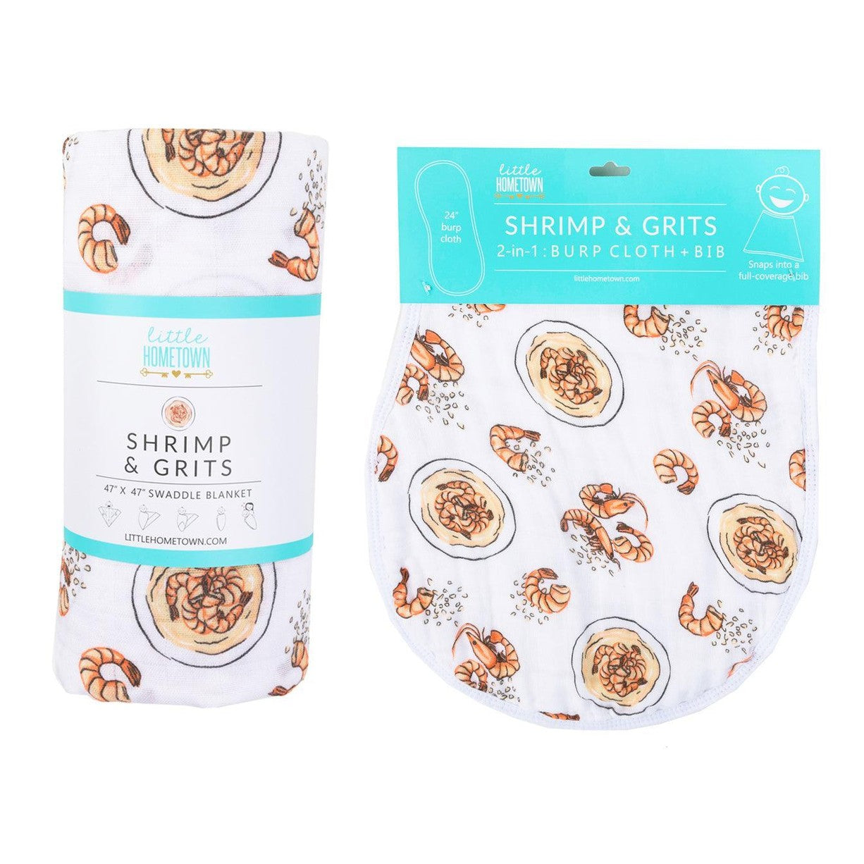 Gift Set: Shrimp'n Grits Baby Muslin Swaddle Blanket And Burp Cloth/bib Combo