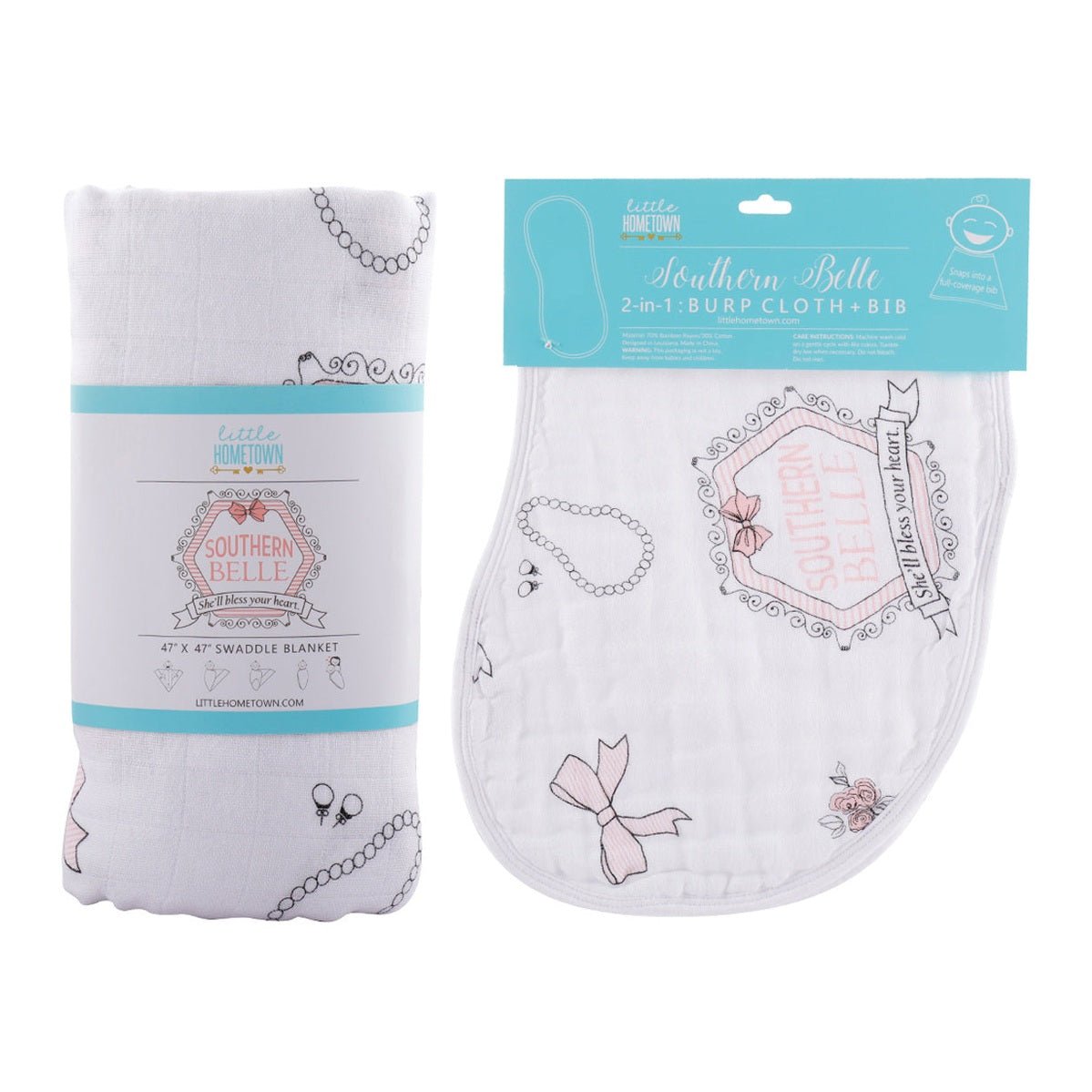Gift Set: Southern Belle Baby Muslin Swaddle Blanket And Burp Cloth/bib Combo