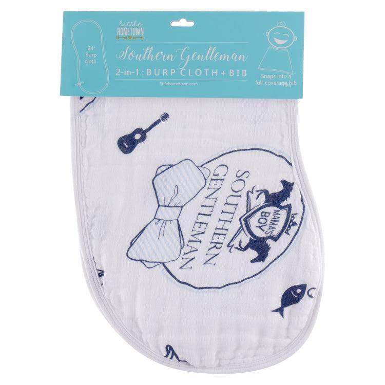 Gift Set: Southern Gentleman Baby Muslin Swaddle Blanket And Burp Cloth/bib Combo