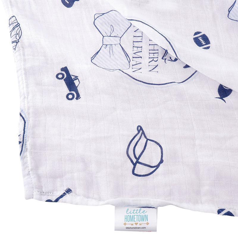 Gift Set: Southern Gentleman Baby Muslin Swaddle Blanket And Burp Cloth/bib Combo