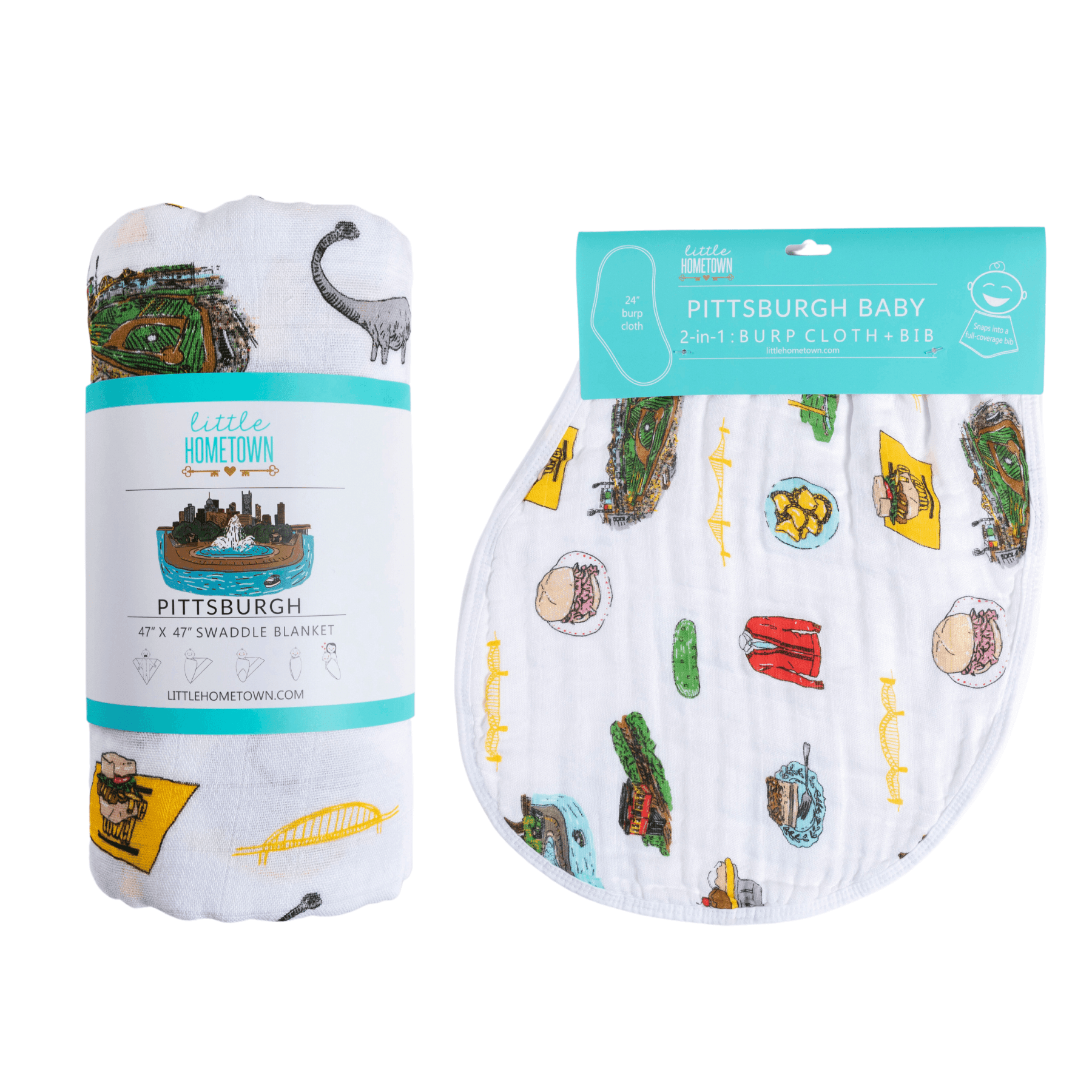 Giftset: Pittsburgh Baby Muslin Swaddle Blanket And Burp Cloth/bib Combo