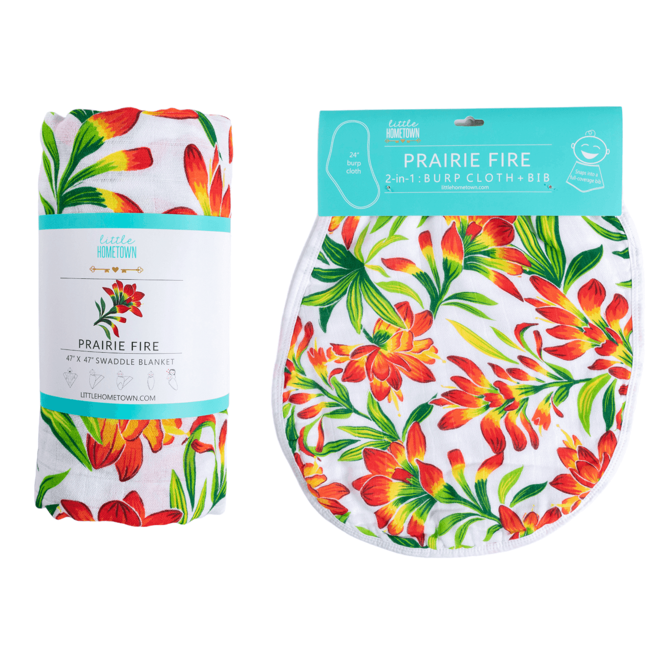 Giftset: Prairie Fire Baby Muslin Swaddle Blanket And Burp Cloth/bib Combo