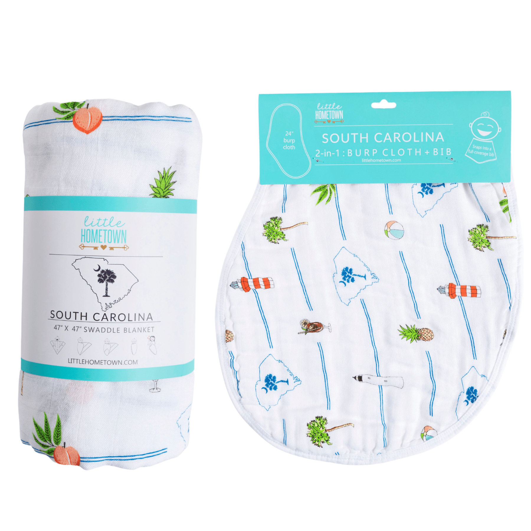 Giftset: South Carolina Baby Muslin Swaddle Blanket And Burp Cloth/bib Combo