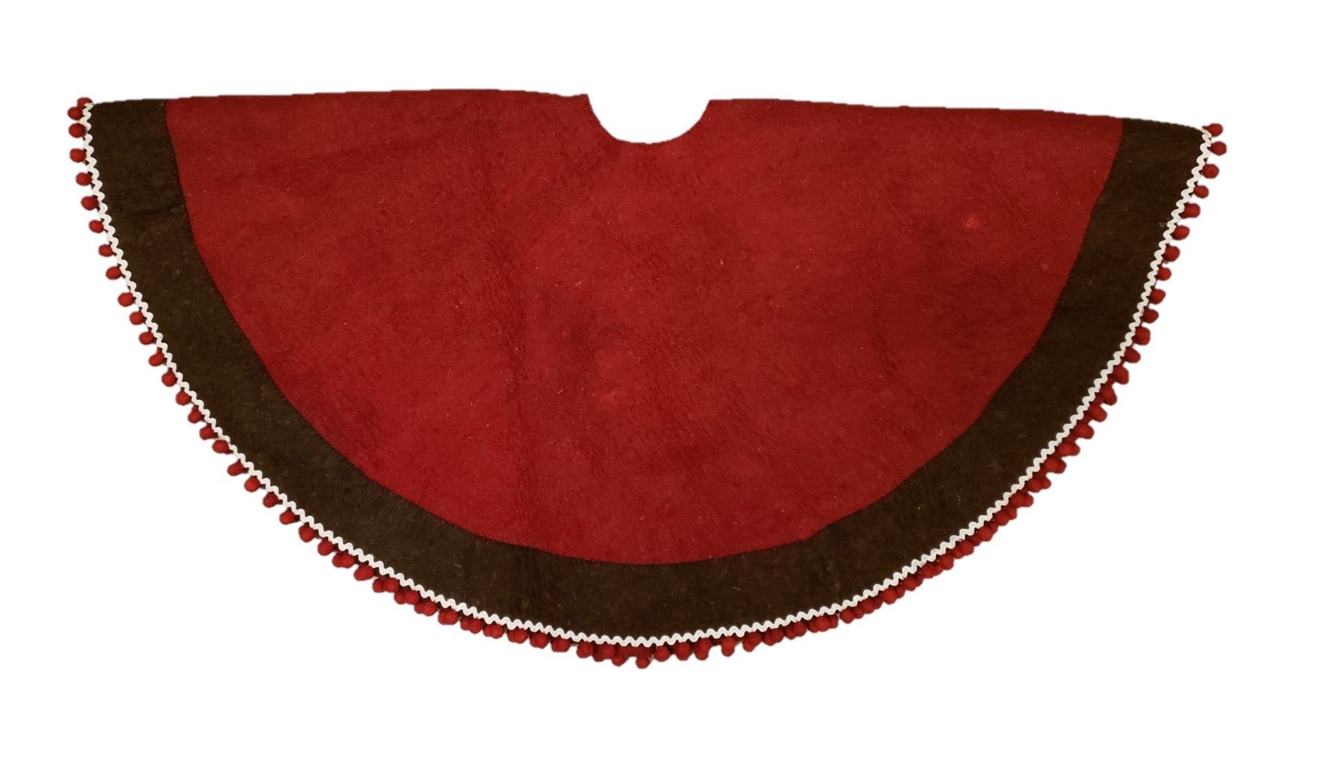 Handmade Wool Felt Red Christmas Tree Skirt With Brown Border And Pom Pom Edge  60”