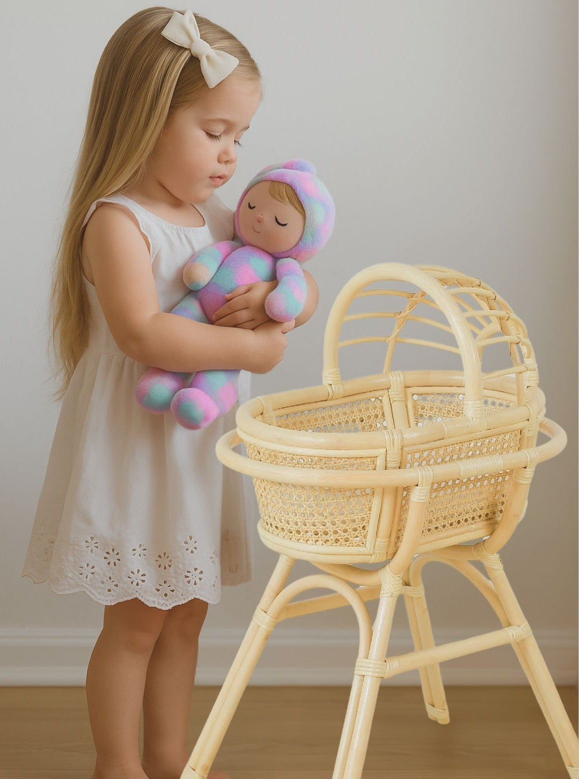 Doll Bassinet With Stand – Handwoven Toy Cradle For Pretend Play