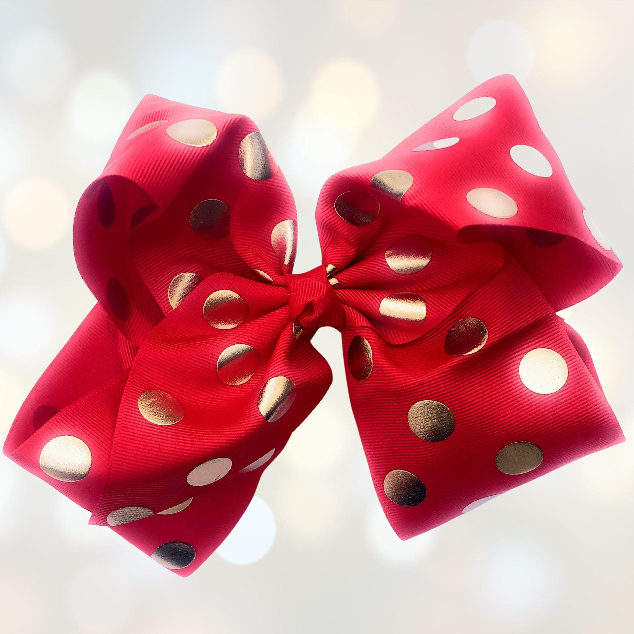 Girls 7 Inch Metallic Gold Polka Dot Grosgrain Hair Bow On Alligator Clip