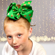 Girls 7 Inch Metallic Gold Polka Dot Grosgrain Hair Bow On Alligator Clip