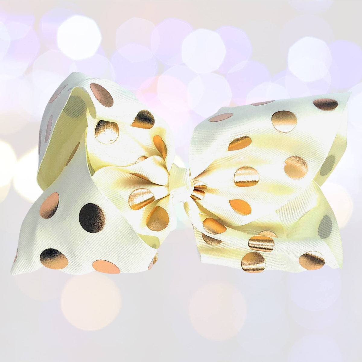 Girls 7 Inch Metallic Gold Polka Dot Grosgrain Hair Bow On Alligator Clip