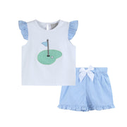 Girls Light Blue Gingham Golf Tee And Shorts 2pc Set