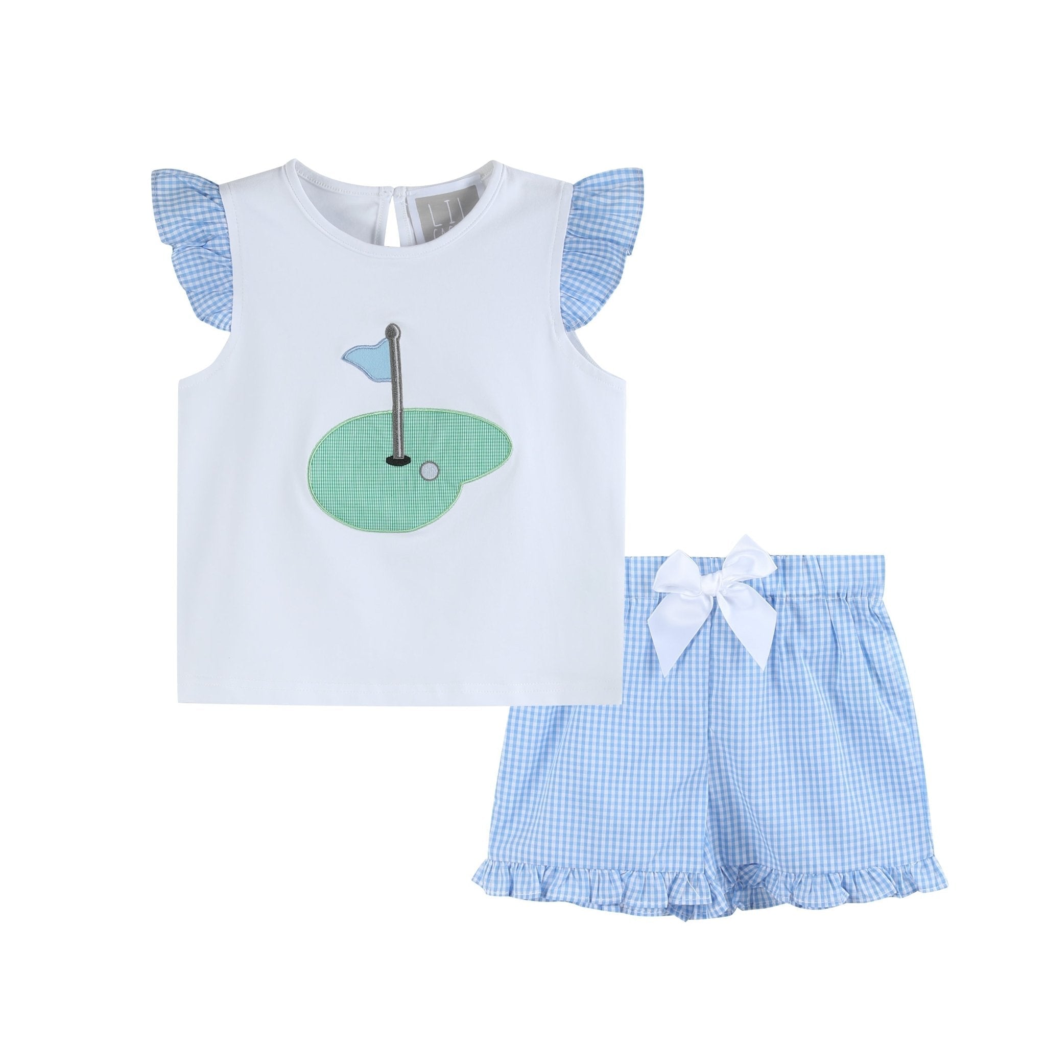 Girls Light Blue Gingham Golf Tee And Shorts 2pc Set