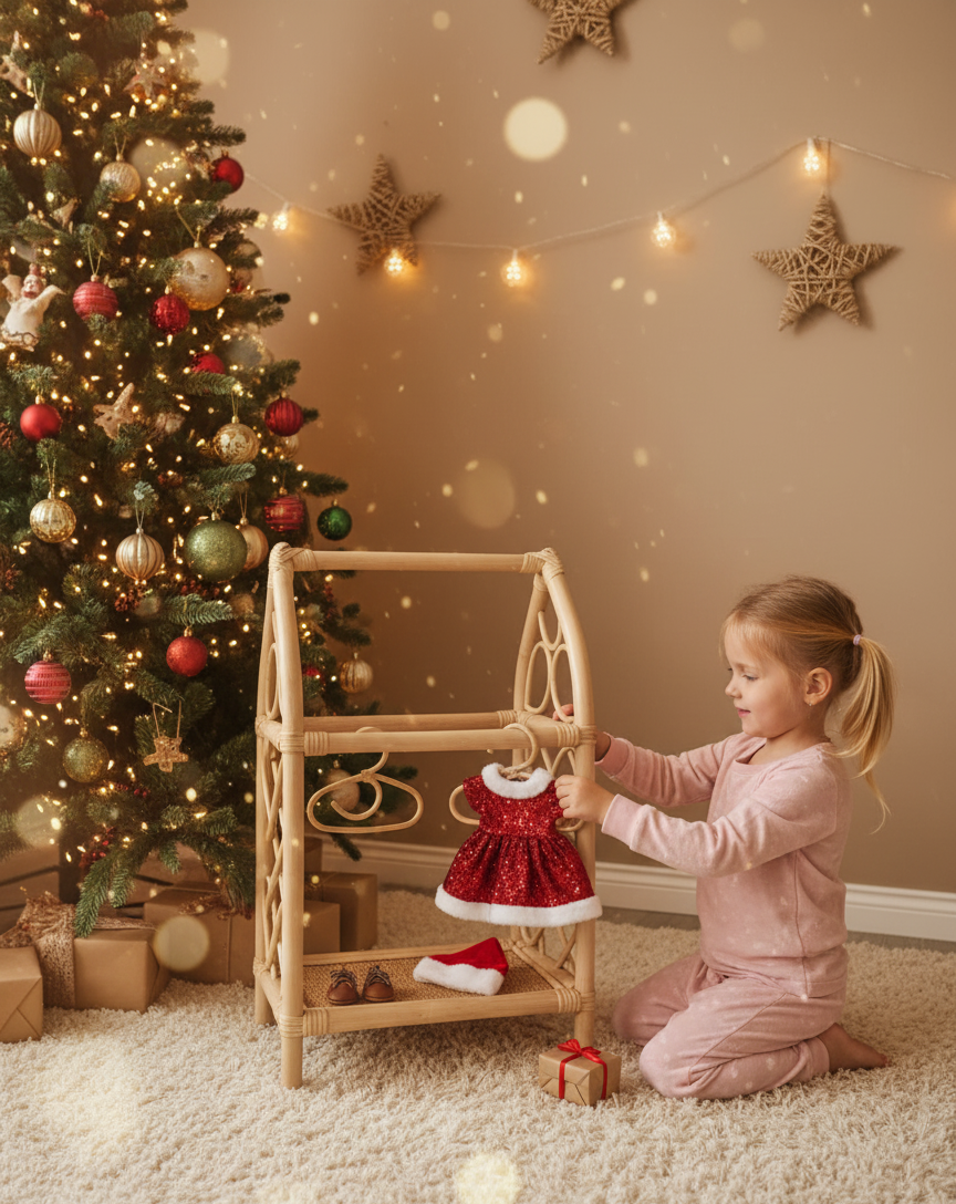 Rattan Doll Clothes Rack With Mini Hangers – Boho Pretend Play Closet For Girls