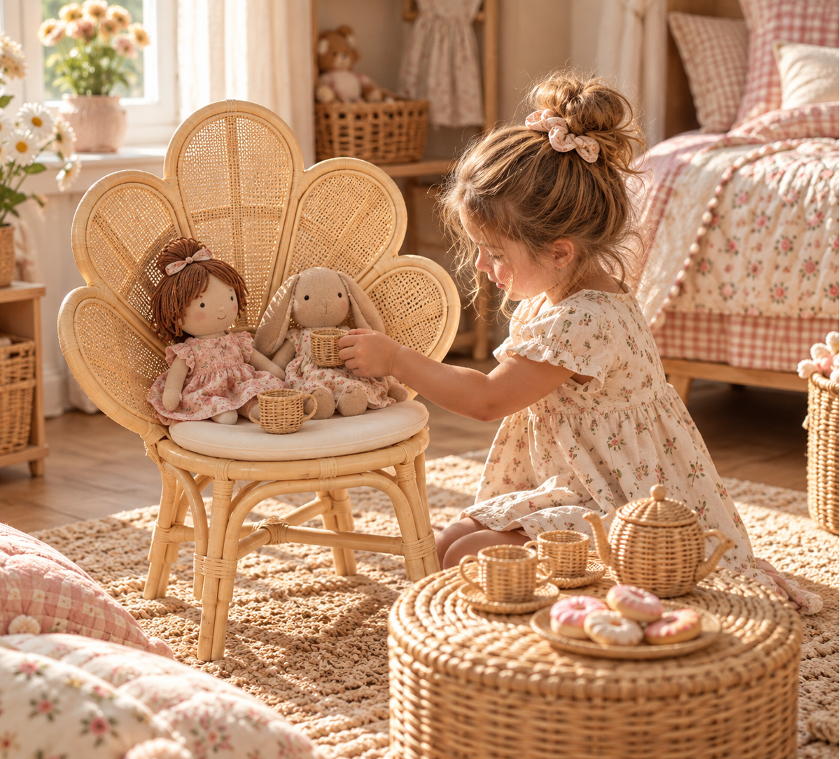 Handmade Rattan Flower Chair For Kids – Blossom Bloom Rattan Chair – Handwoven Flower Chair For Kids And Dolls| Boho Nursery & Playroom Furniture