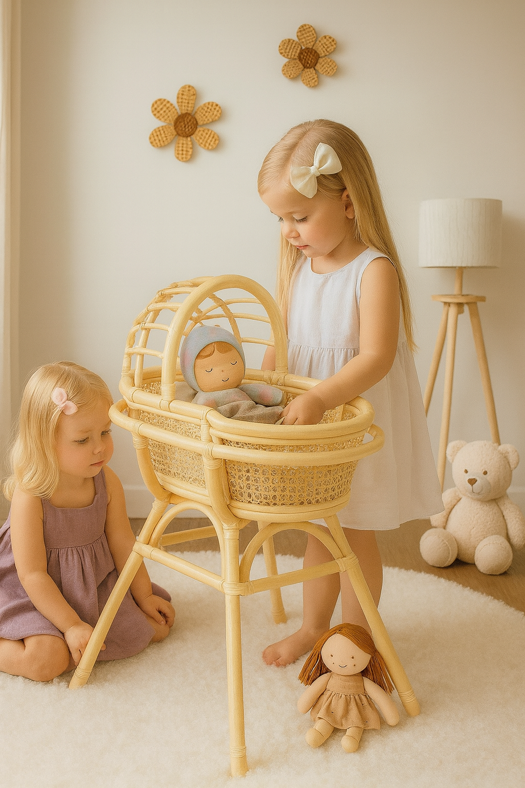 Doll Bassinet With Stand – Handwoven Toy Cradle For Pretend Play