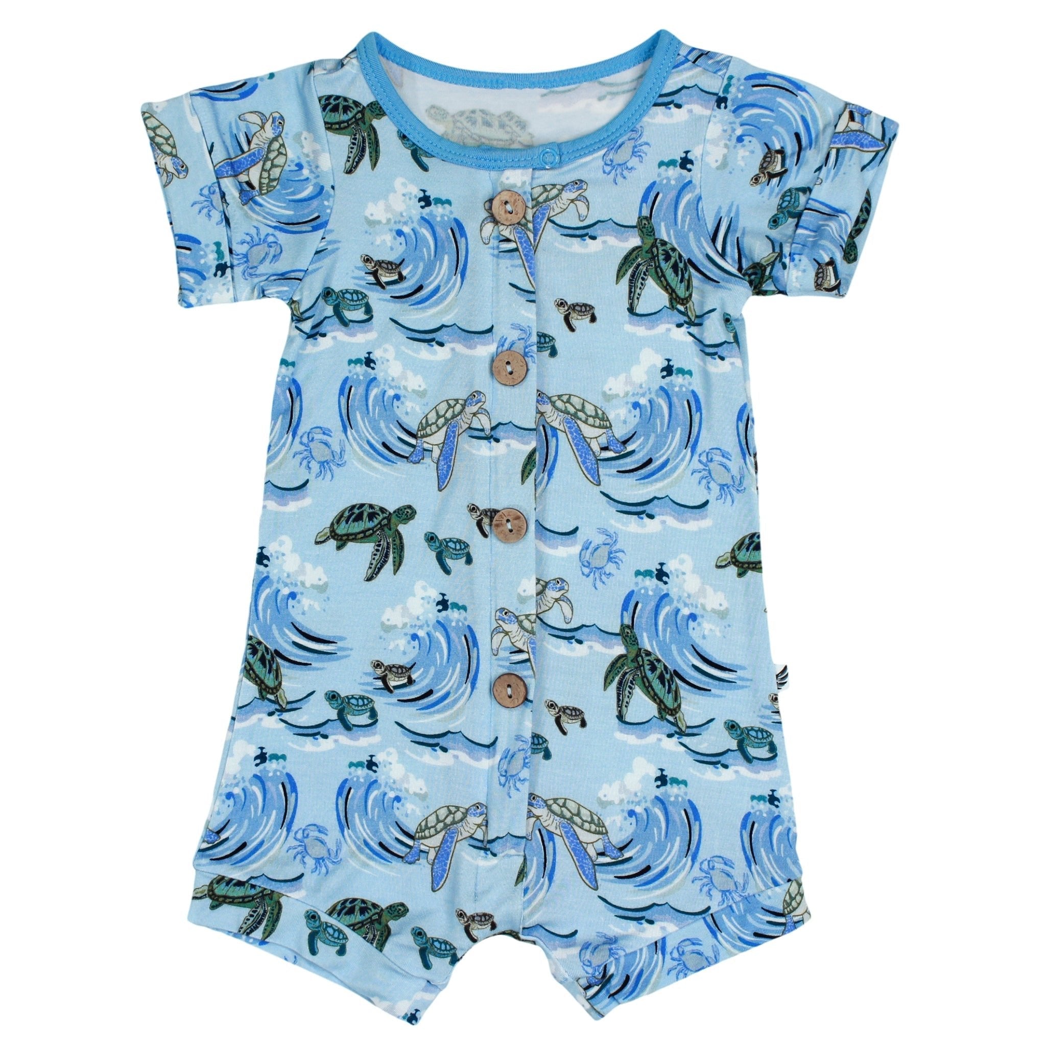 Go With The Flow Sea Turtles Short Two-way Zippy Romper With Faux Buttons (0-24m)