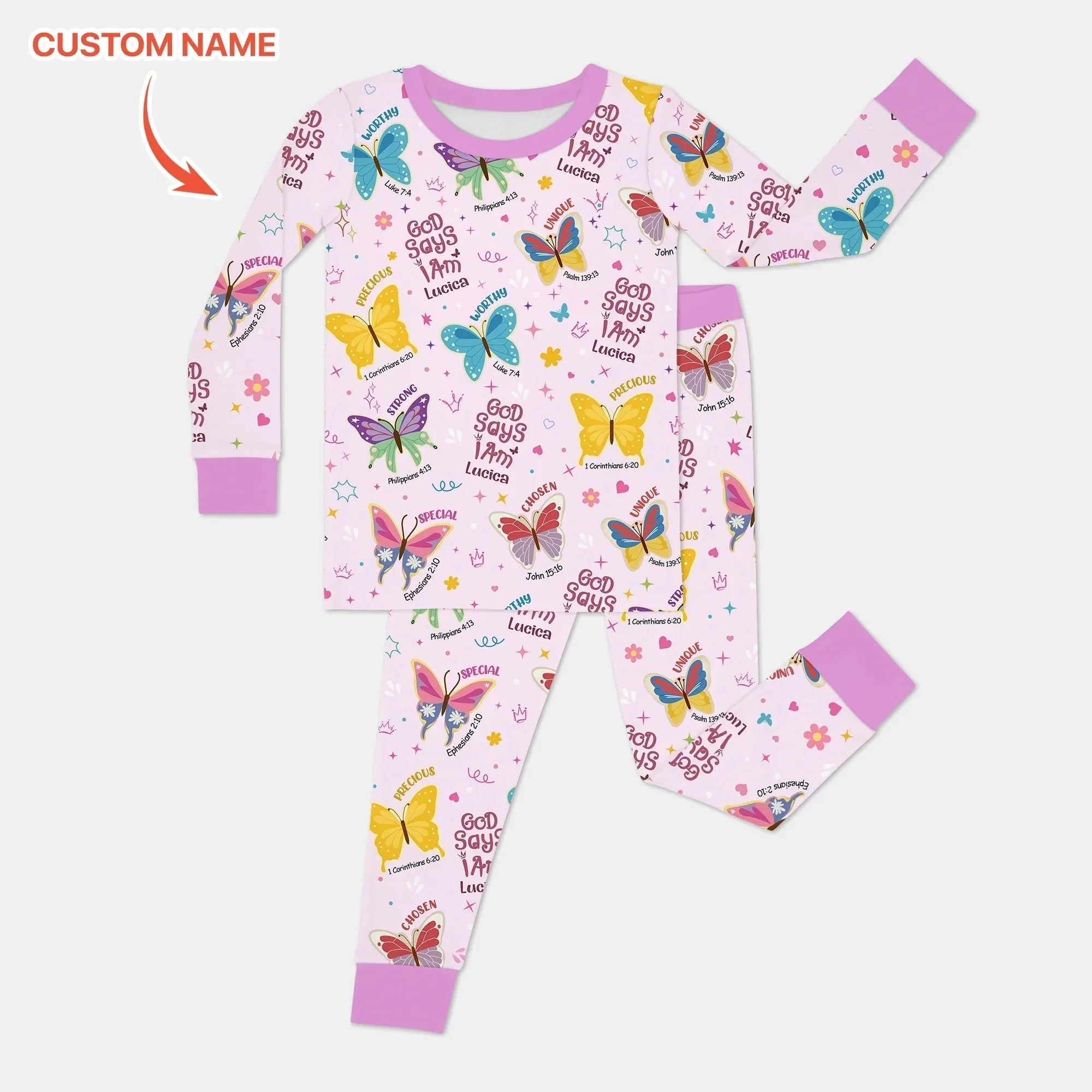God Says I Am Custom Name Girl Bamboo Two Piece Long Sleeve Pajama Set