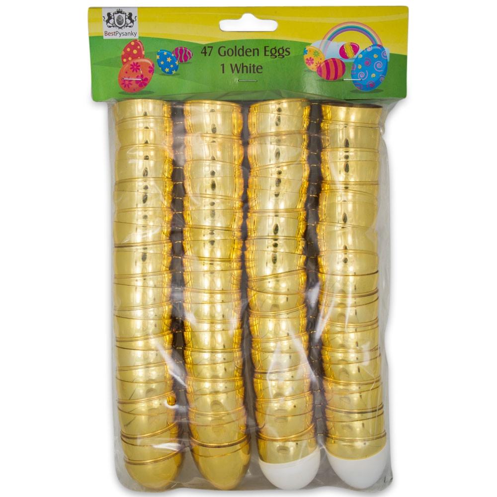 Set Of 48 Plastic Eggs: 47 In Glistening Gold And 1 Surprise White Egg