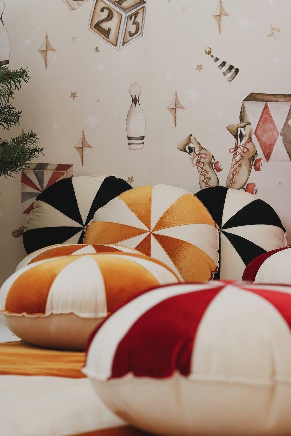 Gold Circus Round Patchwork Pillow