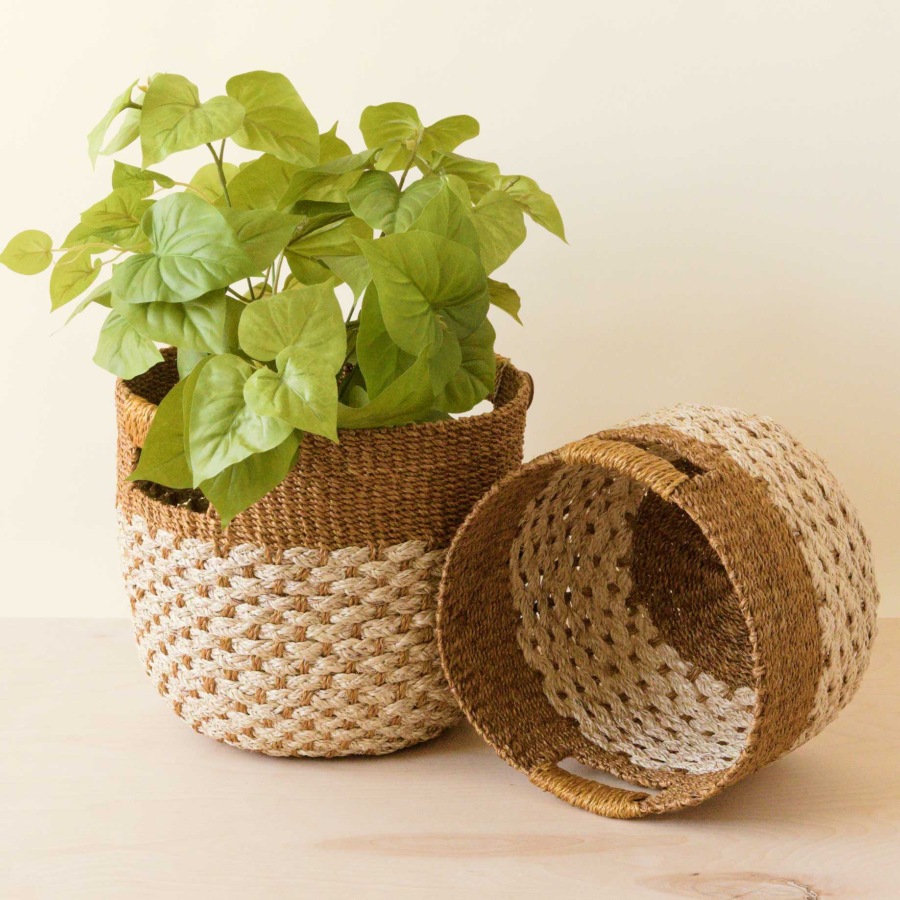 Golden Brown Round Baskets, Set Of 2 - Handcrafted Bins | Likhâ