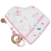 Pink Attachable Wooden And Silicone Teether And Unicorn Bib Gift Set