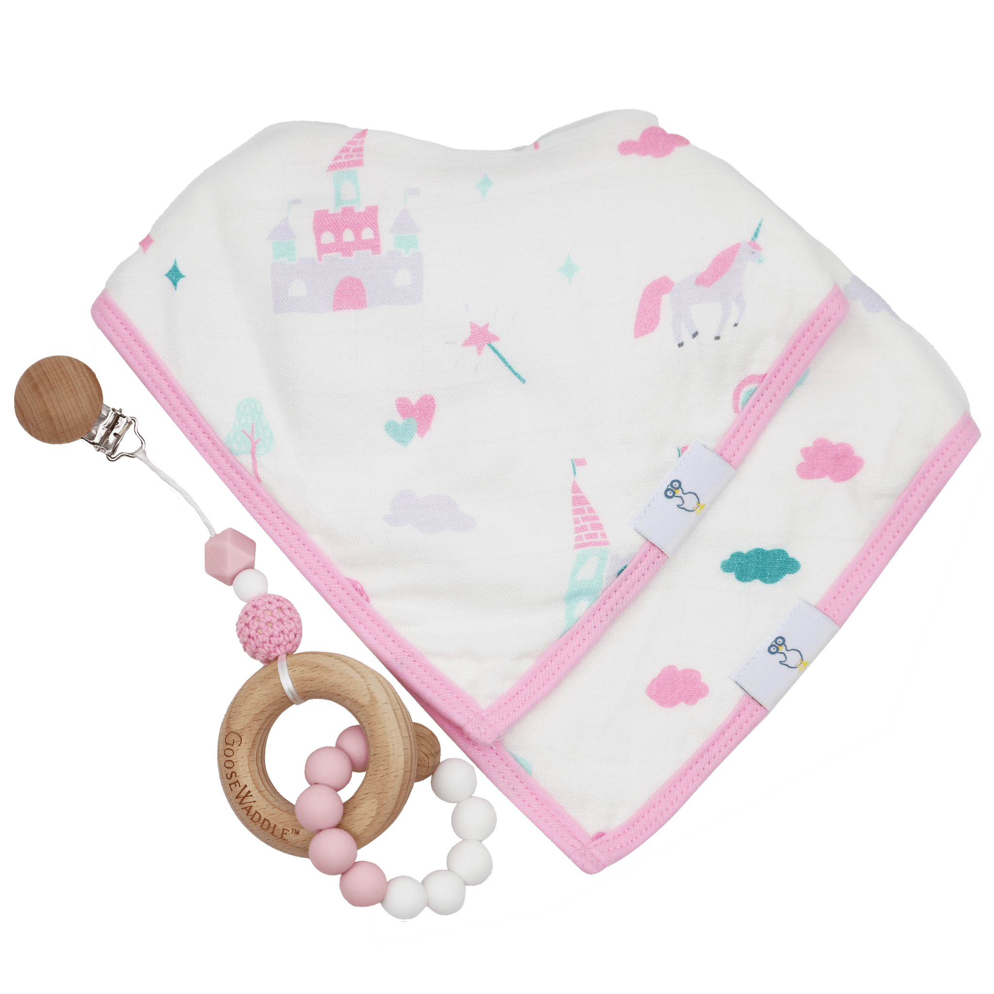 Pink Attachable Wooden And Silicone Teether And Unicorn Bib Gift Set