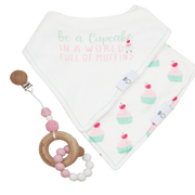 Pink Attachable Wooden And Silicone Teether And Cupcake Bib Gift Set
