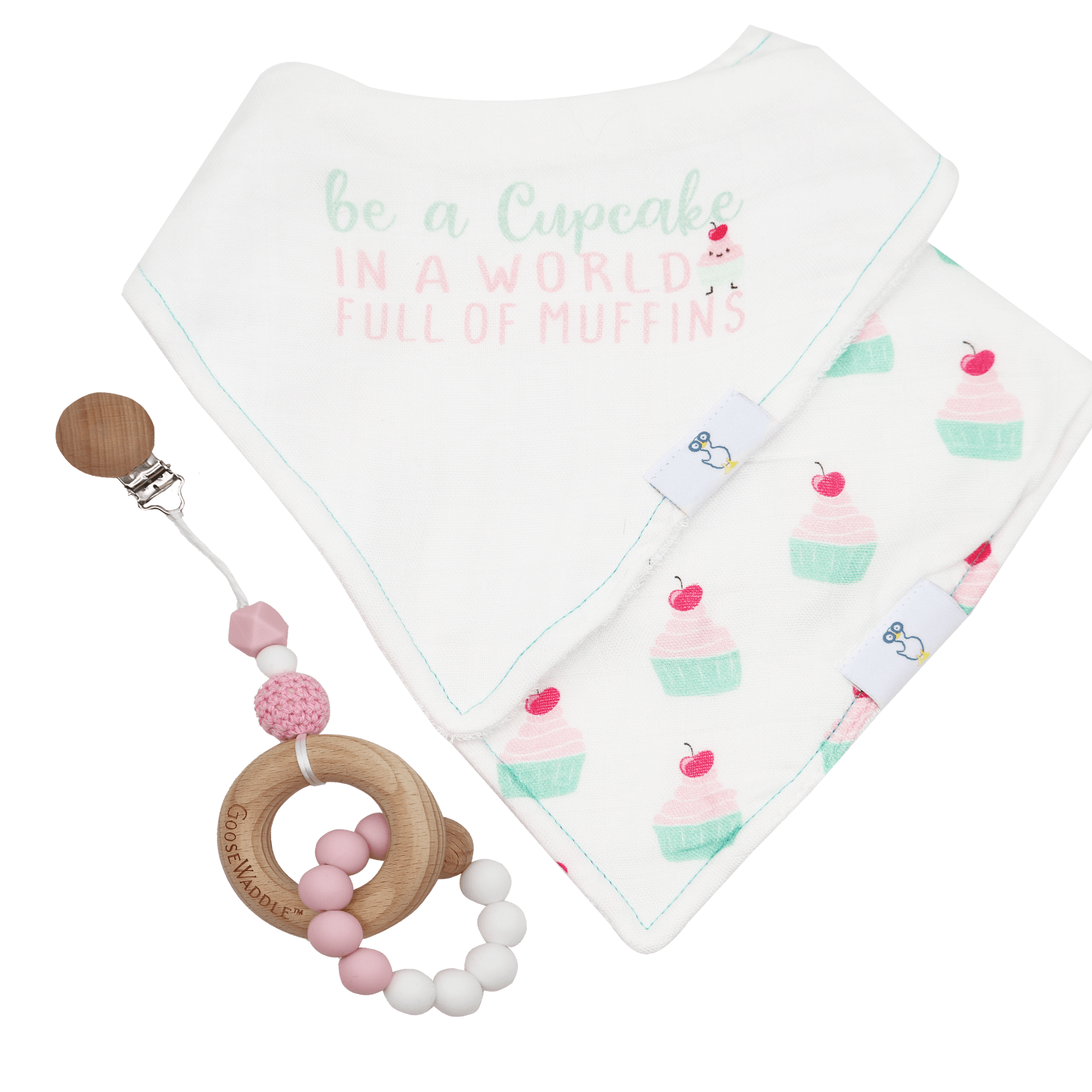 Pink Attachable Wooden And Silicone Teether And Cupcake Bib Gift Set