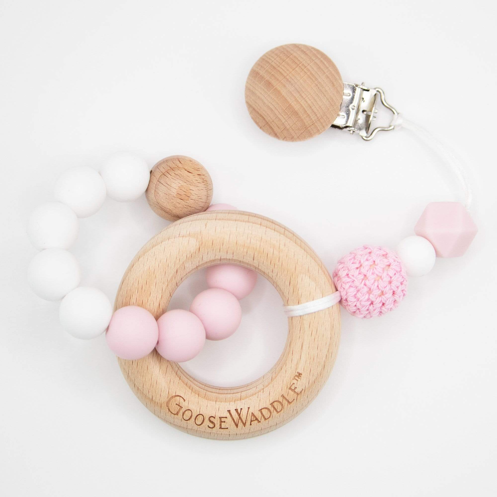 Pink Attachable Wooden And Silicone Teether And Cupcake Bib Gift Set