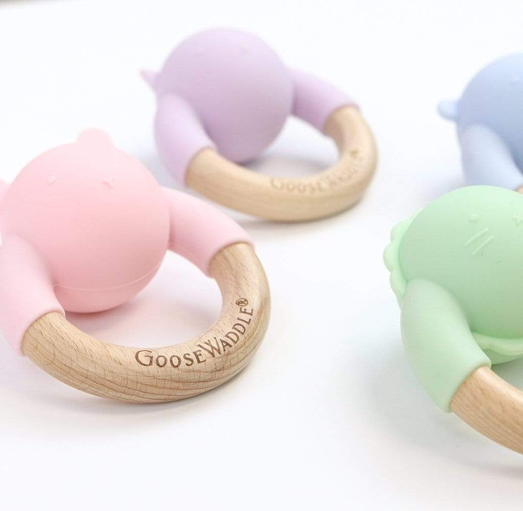Rattle Teether Wooden + Silicone (4 Colors)