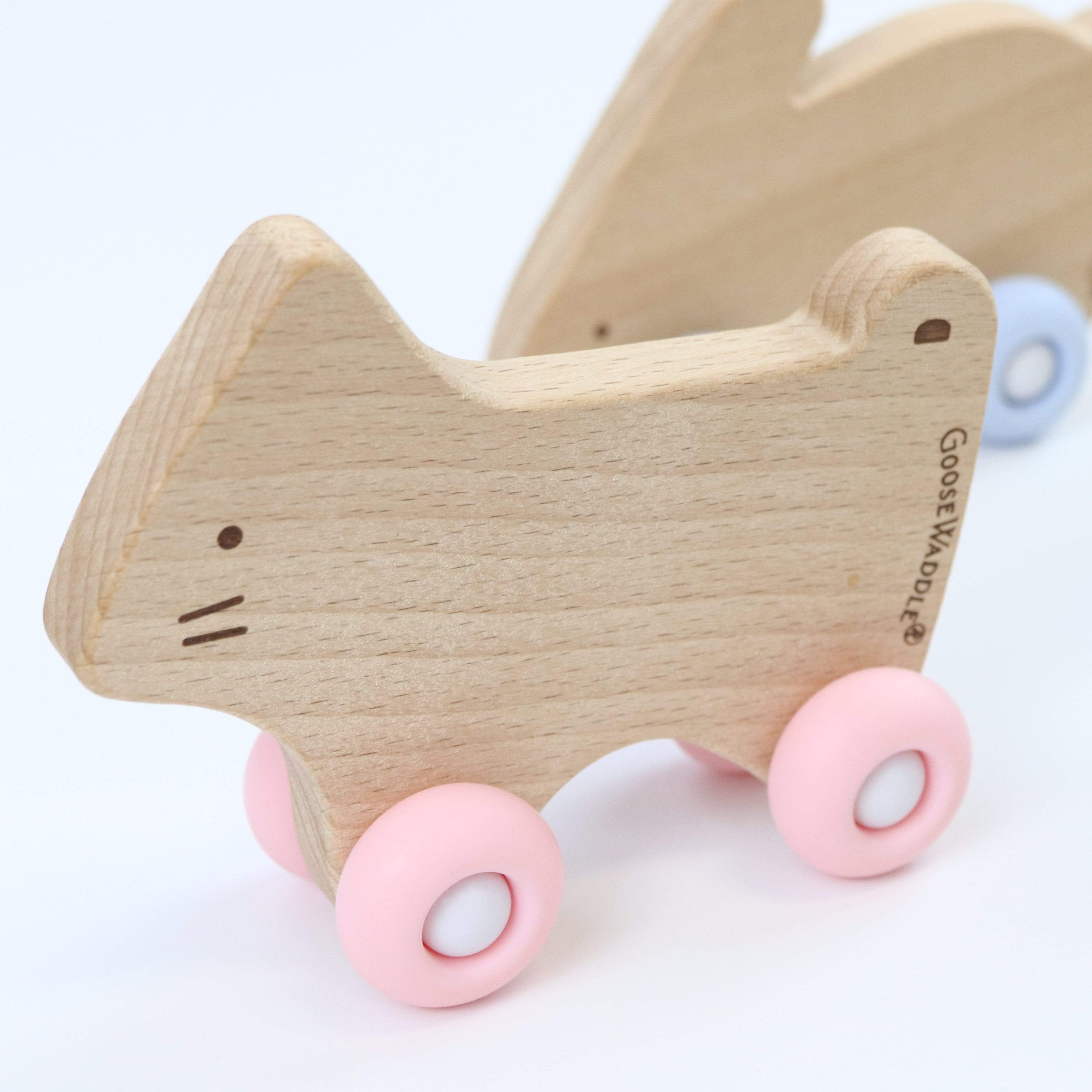 Pink Kitten Silicone + Wood Teether With Wheels