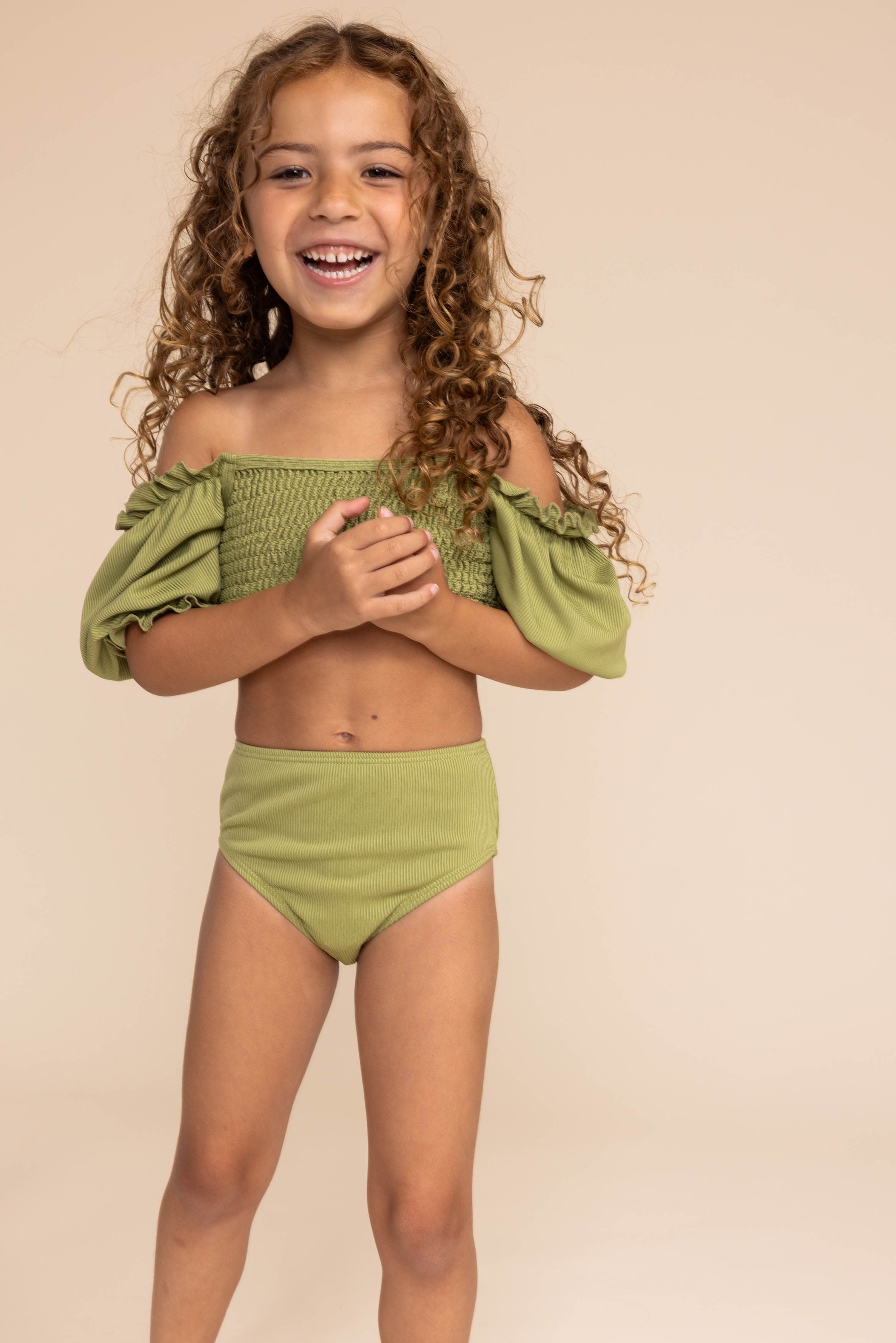 Girl's Sleeved Bikini | Ribbed Green