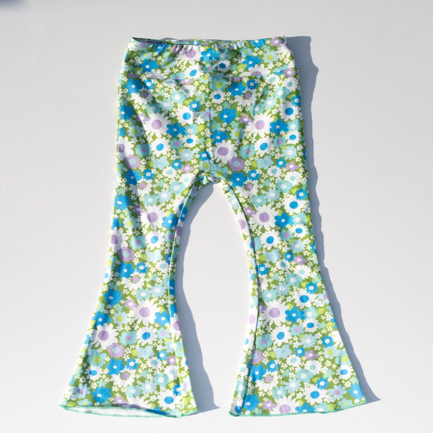 Green And Blue Flower Power Jersey Knit Bell Bottoms For Babies, Toddlers And Girls