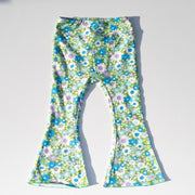 Green And Blue Flower Power Jersey Knit Bell Bottoms For Babies, Toddlers And Girls