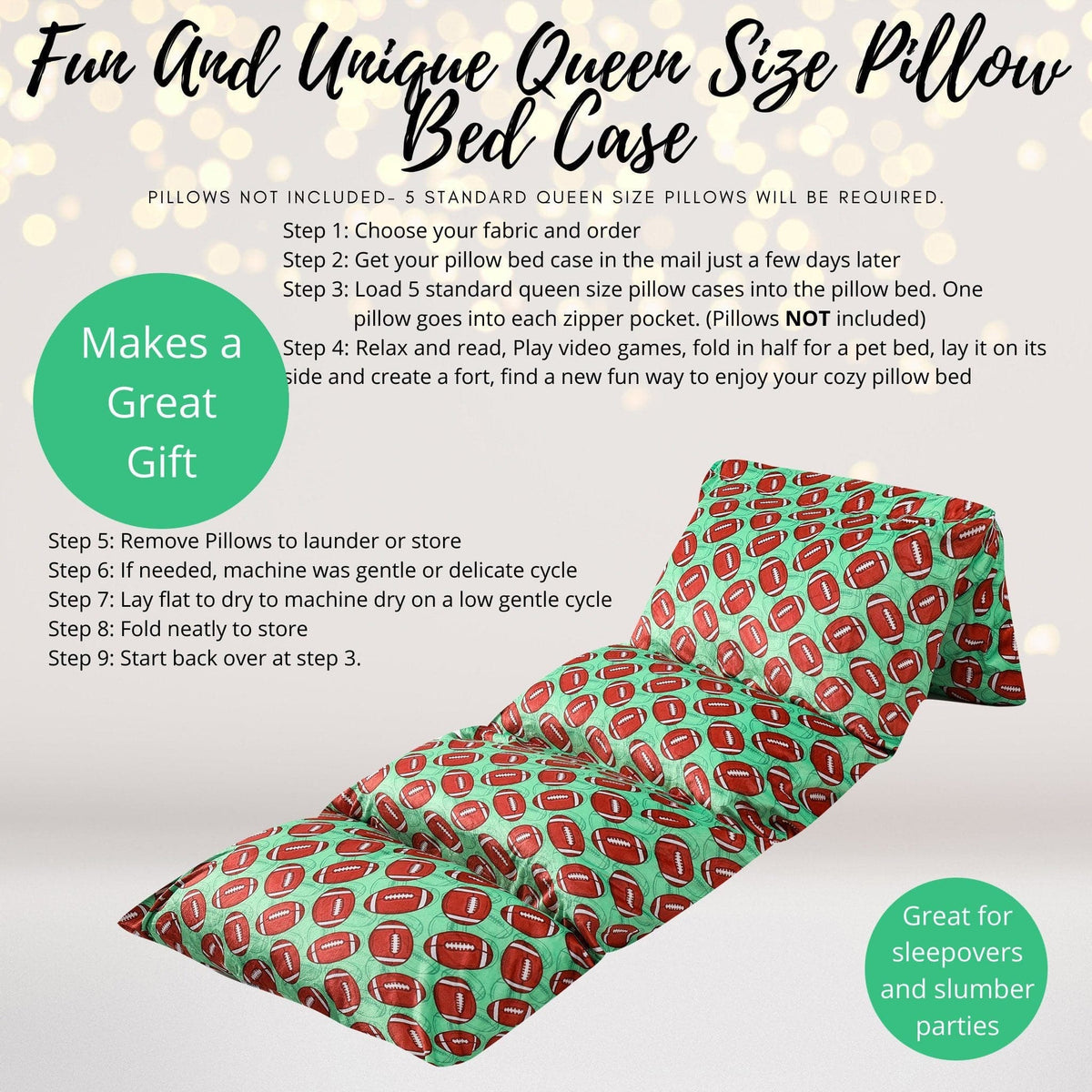 Green Football Pillow Bed Slipcover, Football Floor Lounger Slipcover