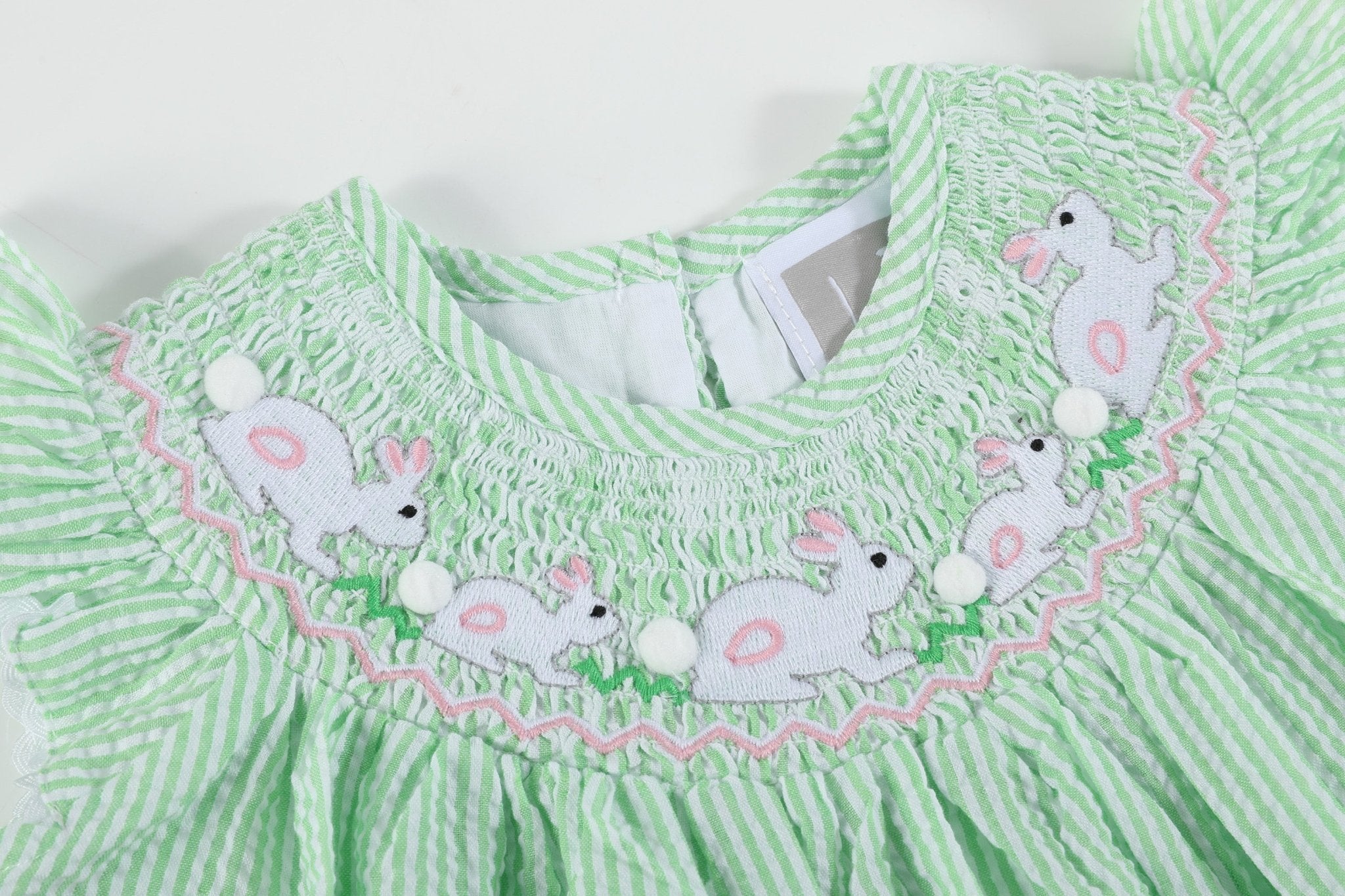 Green Seersucker Easter Bunny Smocked Bishop Dress