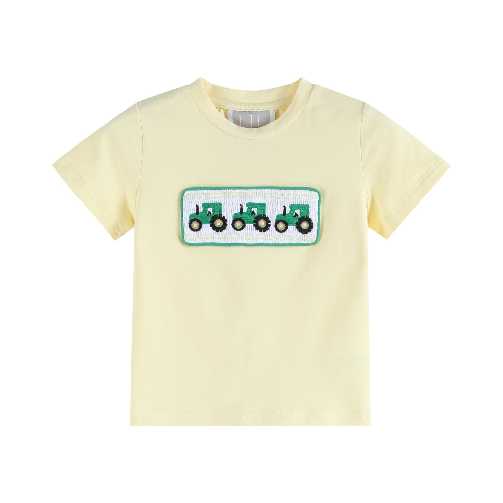 Green Tractor Smocked T-shirt And Gray Gingham Shorts Set