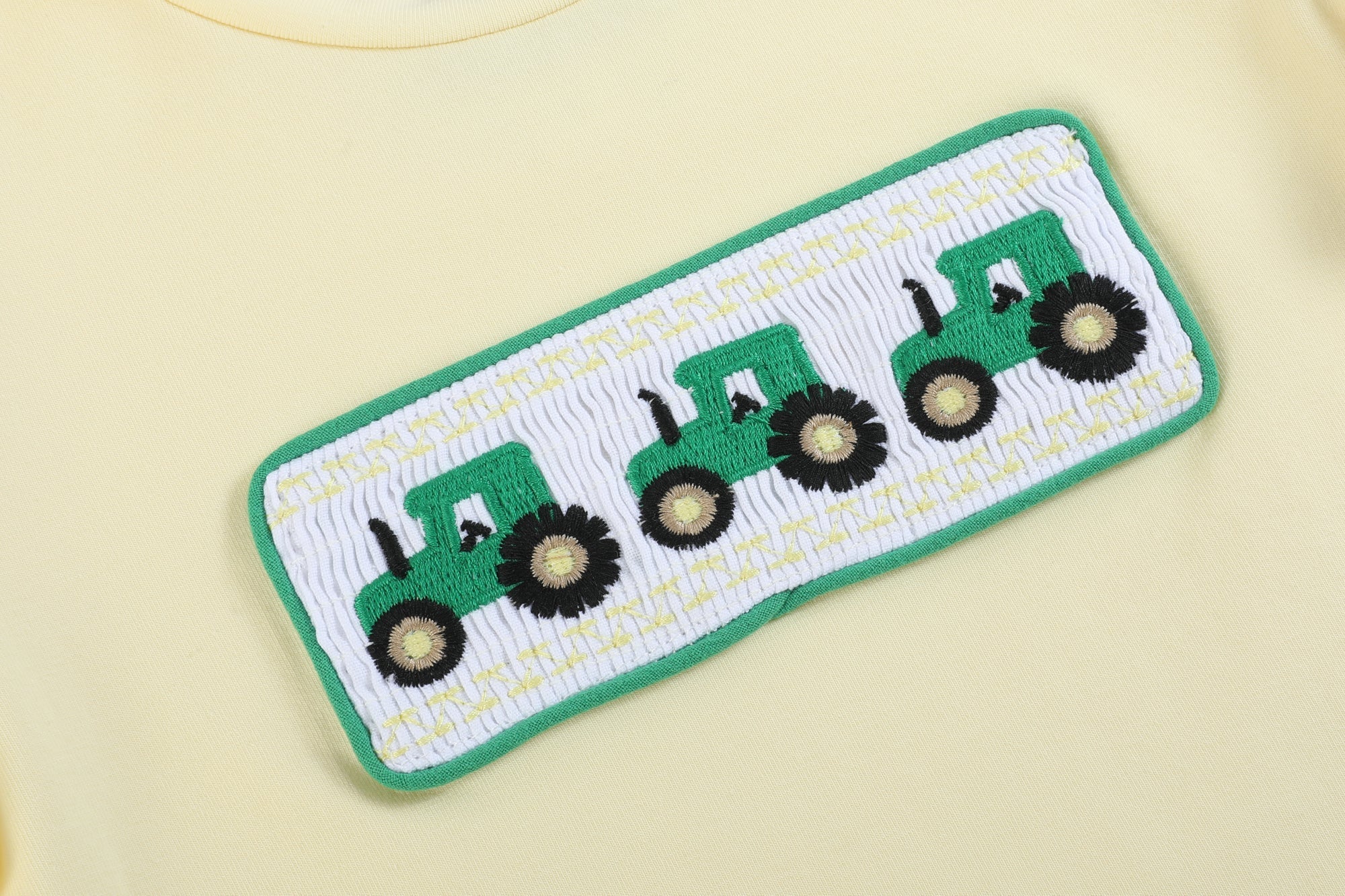 Green Tractor Smocked T-shirt And Gray Gingham Shorts Set
