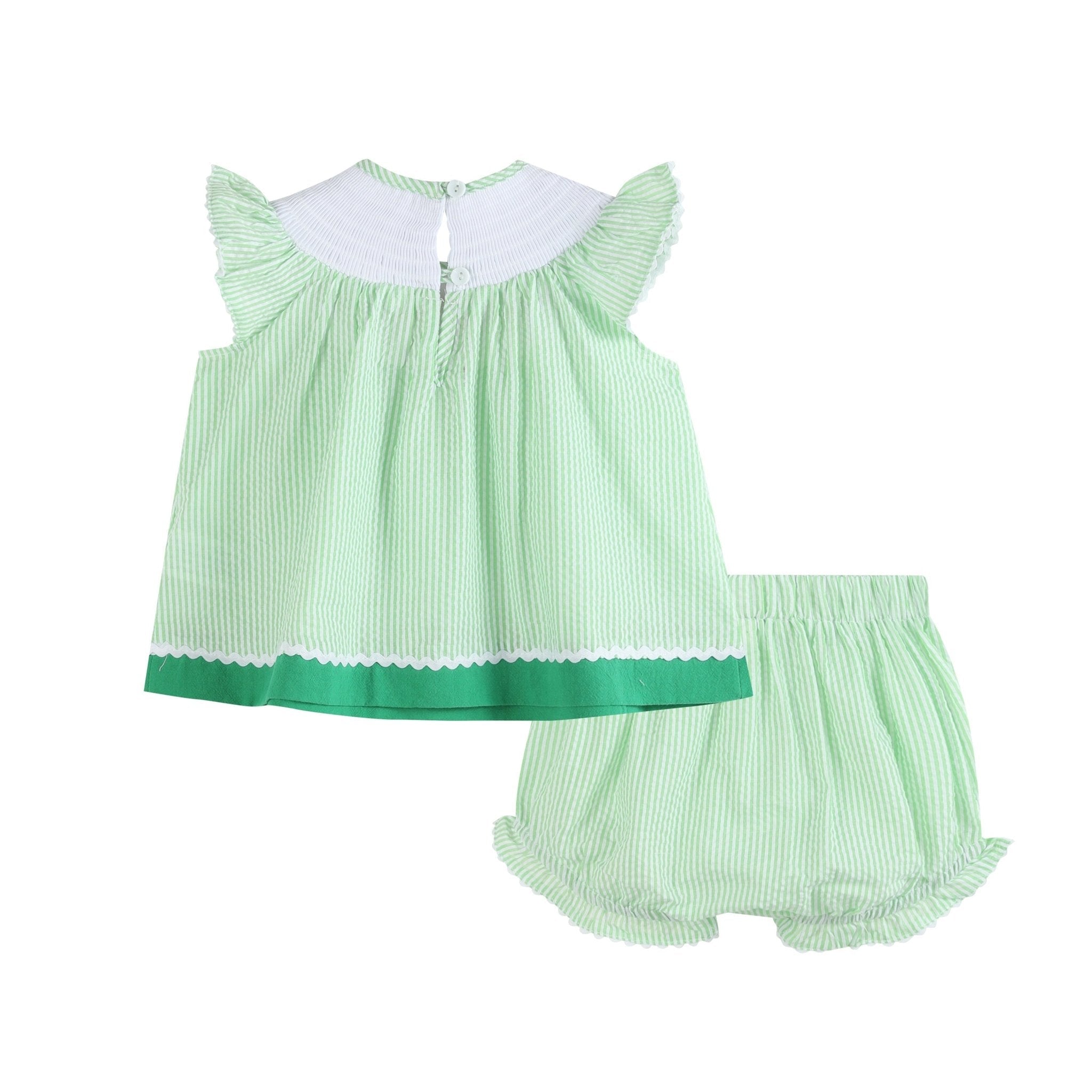 Green & White Stripe Watermelon Smocked Angel-sleeve Dress & Bloomers