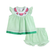 Green & White Stripe Watermelon Smocked Angel-sleeve Dress & Bloomers