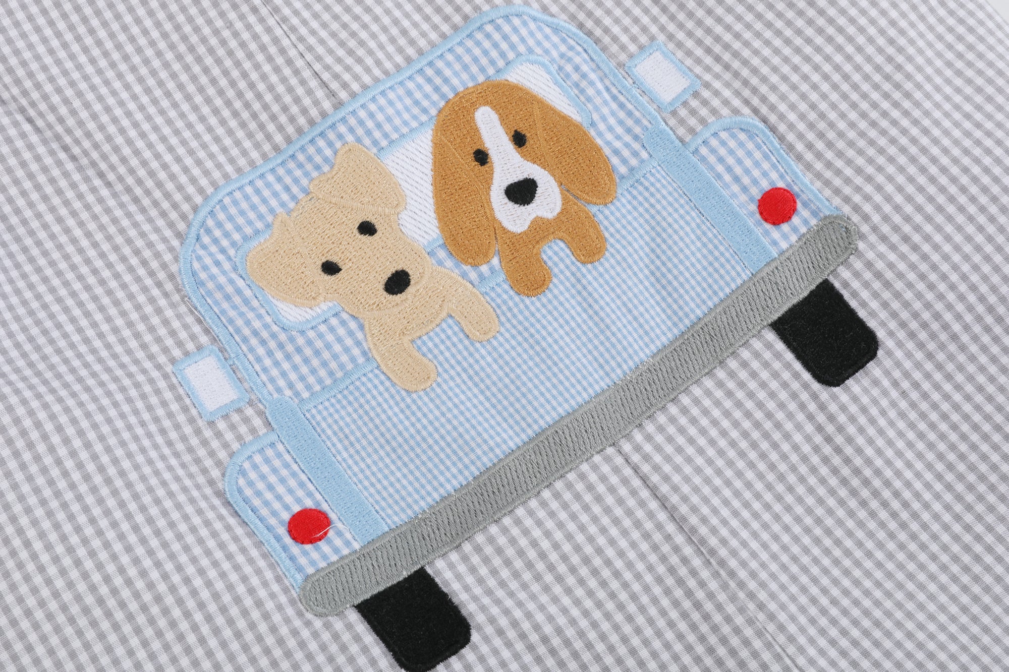Grey Gingham Puppies In Truck Shortalls