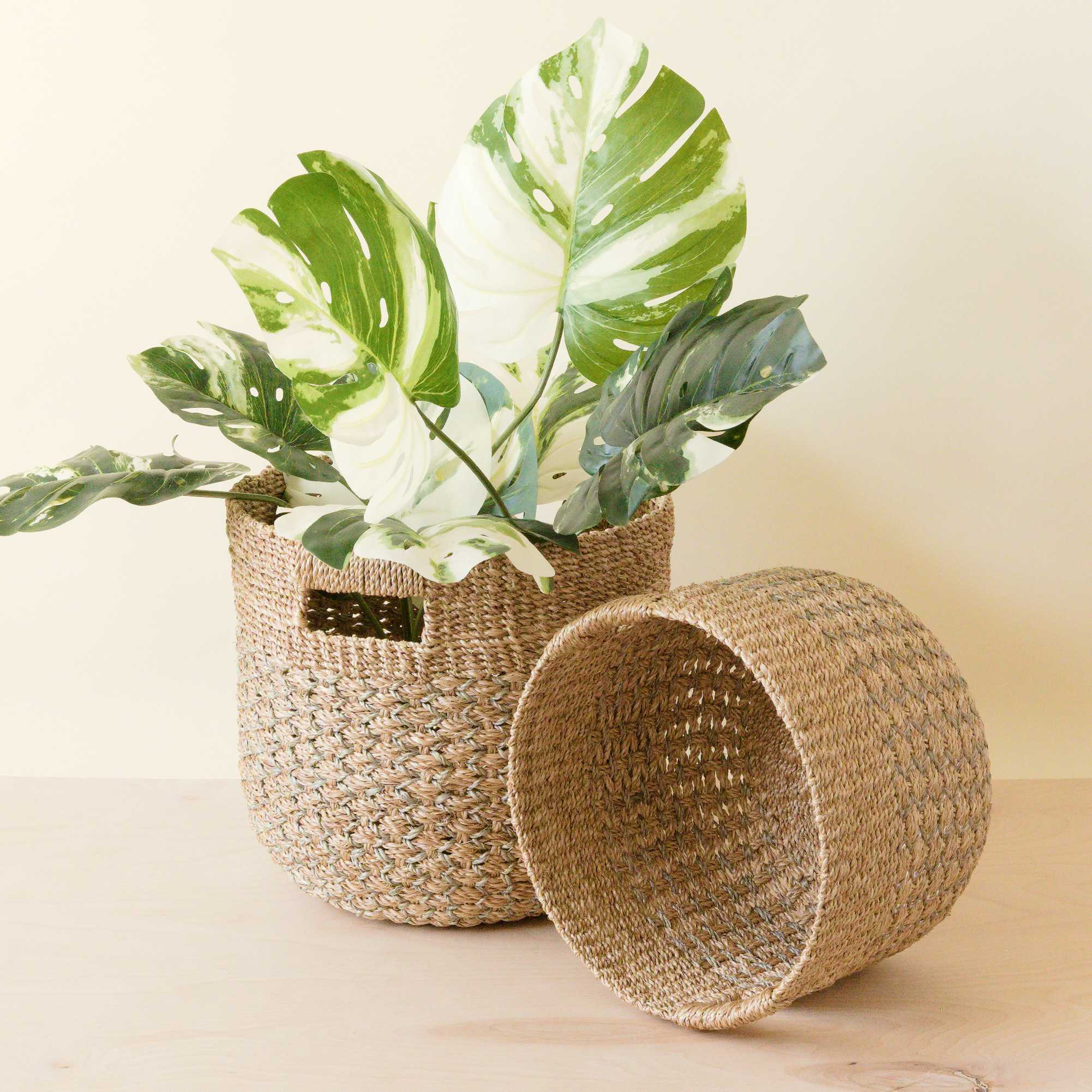 Grey + Natural Round Bottom Baskets, Set Of 2 - Woven Baskets | Likhâ