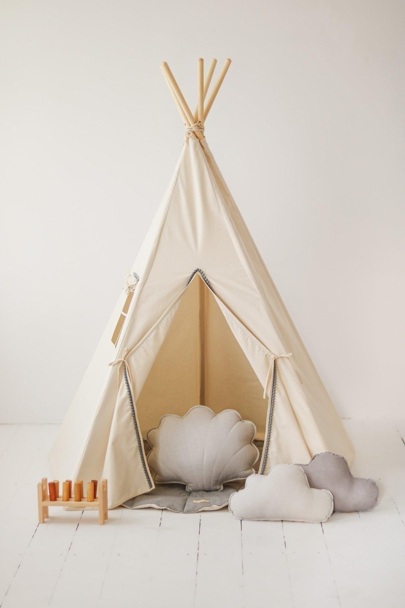 Grey Pompoms Teepee Tent With Pompoms