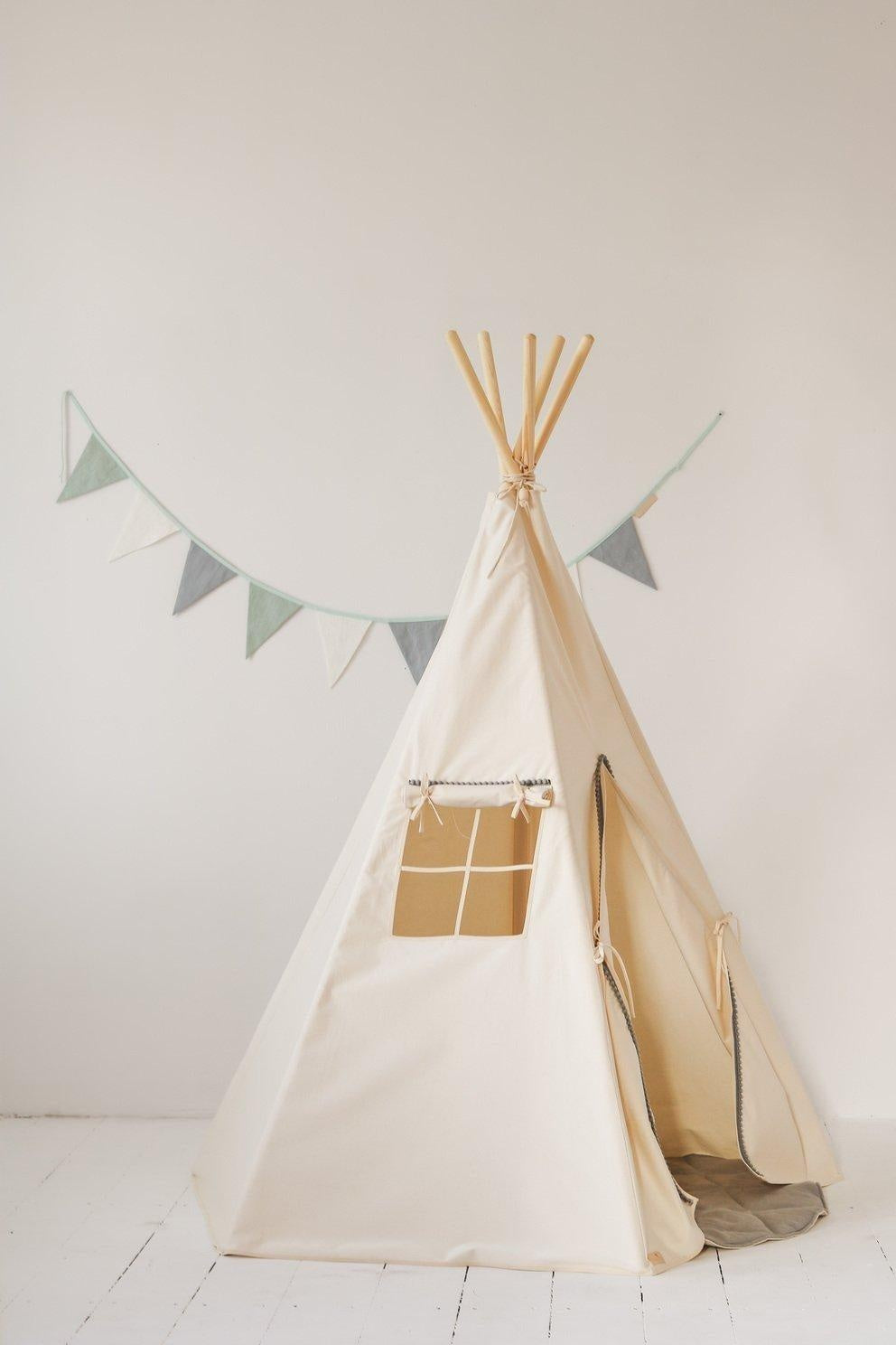 Grey Pompoms Teepee Tent With Pompoms