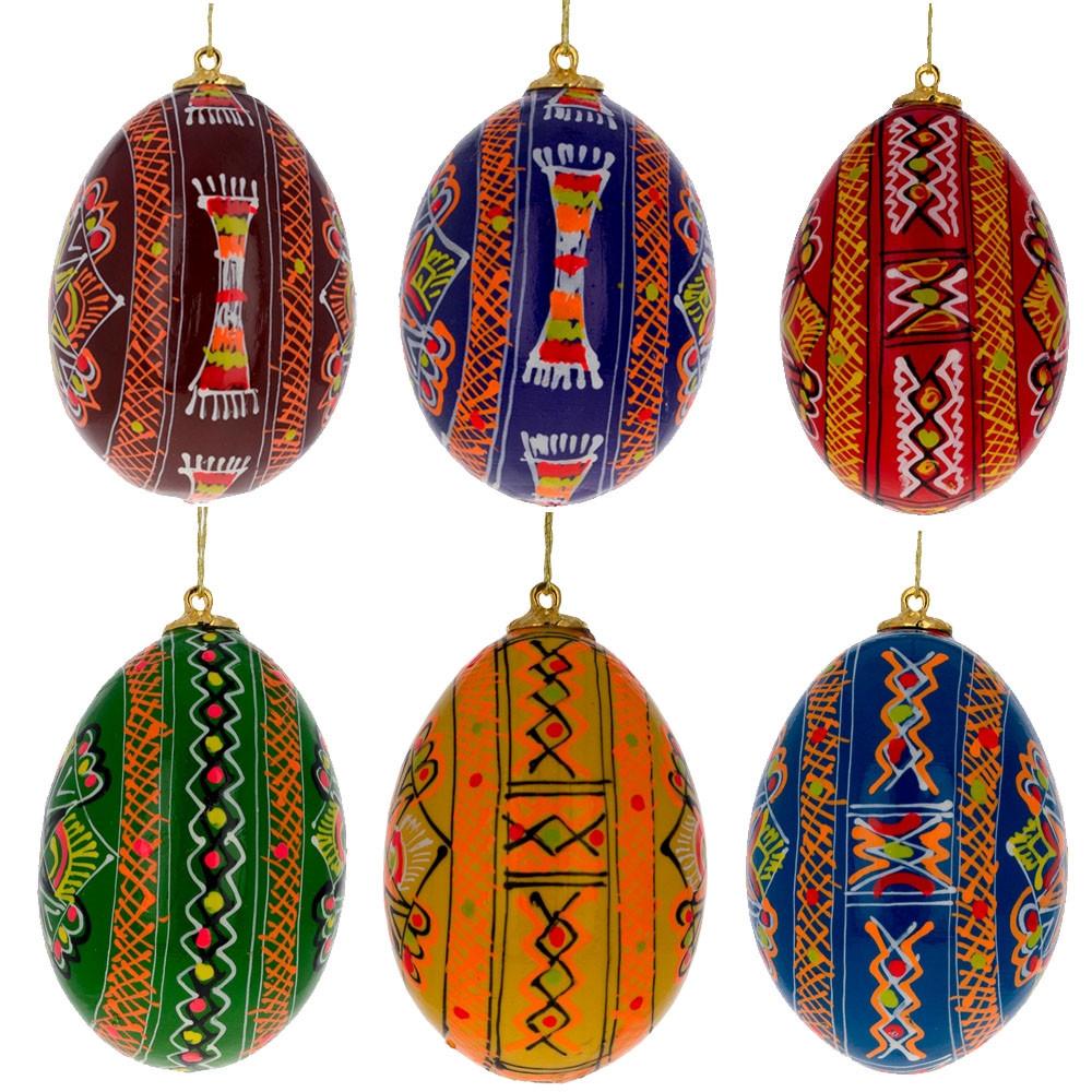 Set Of 6 Hand Painted Ukrainian Wooden Easter Egg Ornaments 2.25 Inches