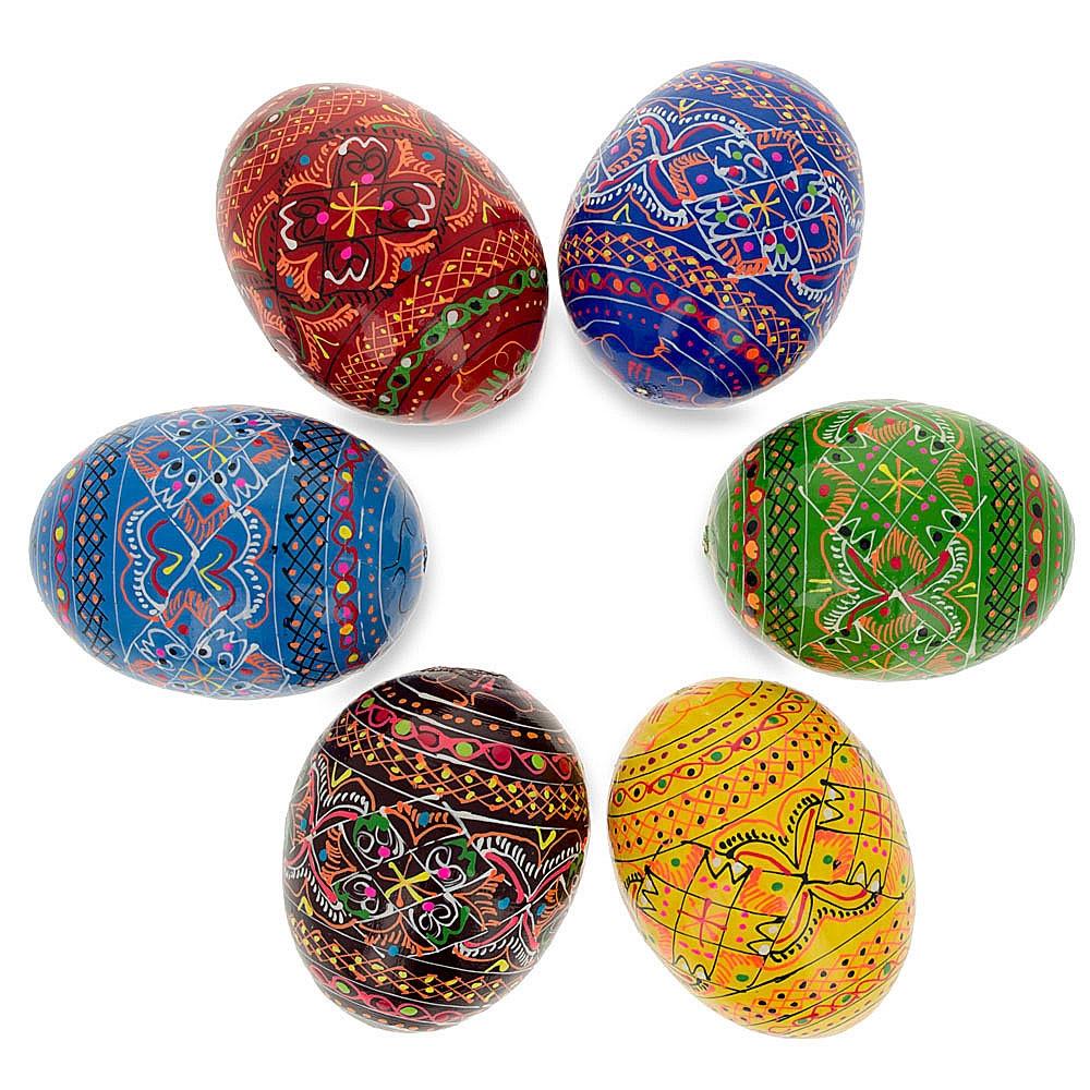 Set Of 6 Geometric Ukrainian Pysanky Wooden Easter Eggs 2.25 Inches