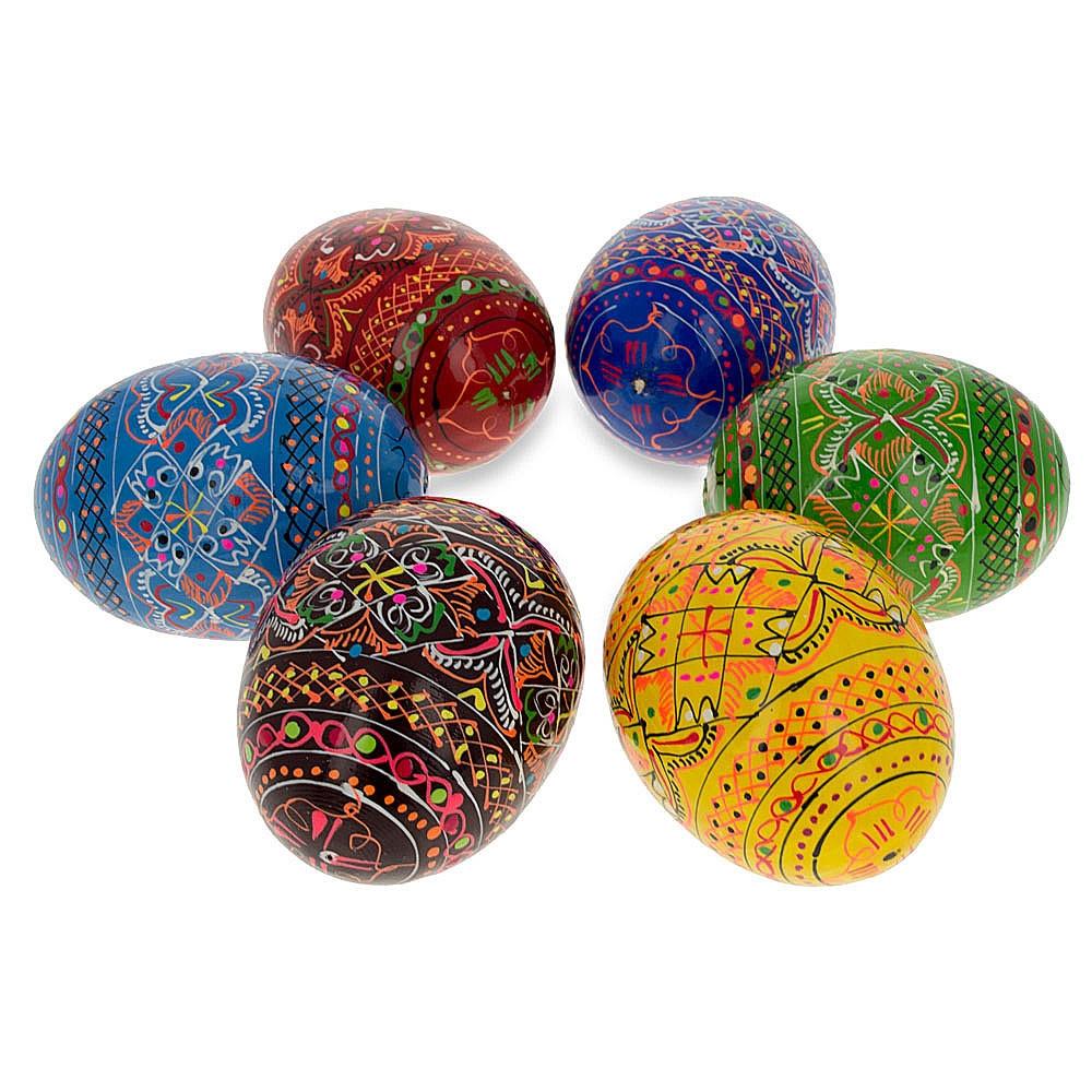 Set Of 6 Geometric Ukrainian Pysanky Wooden Easter Eggs 2.25 Inches