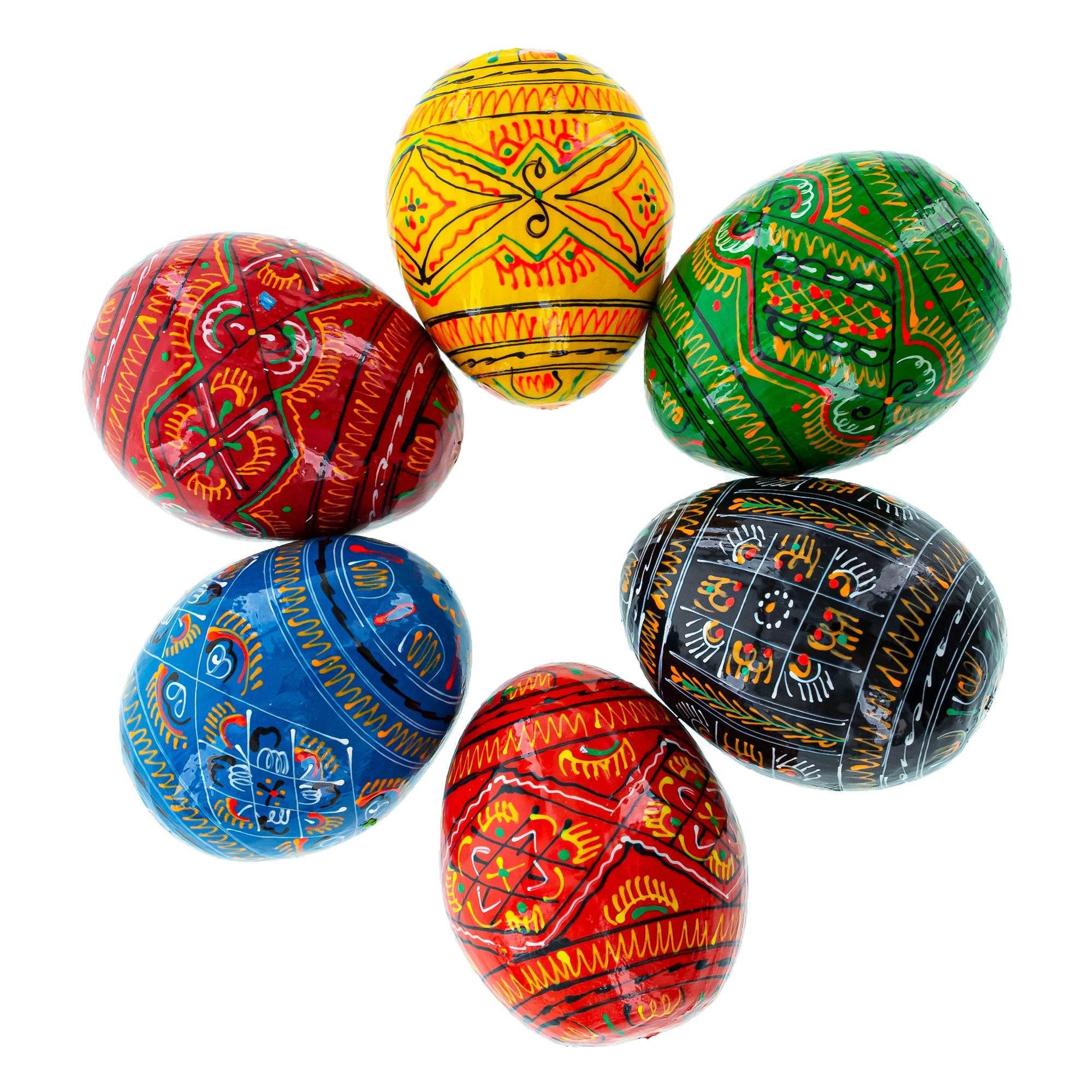 Set Of 6 Geometric Ukrainian Pysanky Wooden Easter Eggs 2.25 Inches